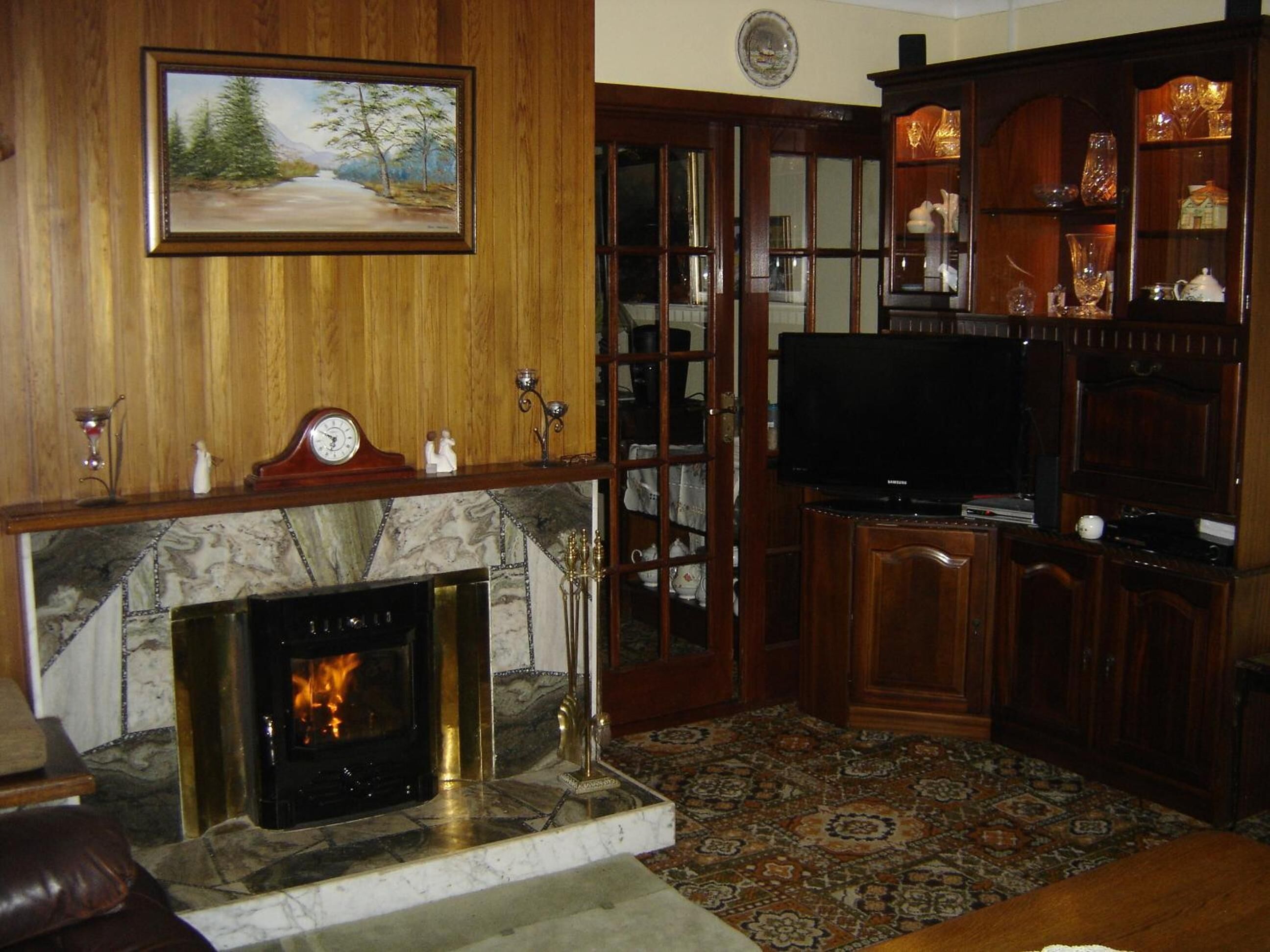 A living room with a fireplace, a television, and wooden paneling.