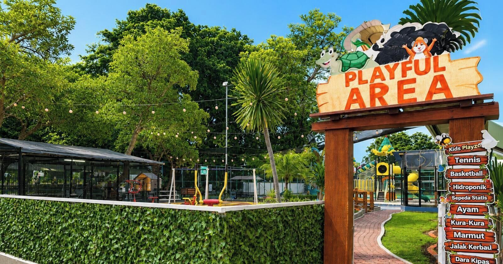 A playground area with a sign indicating various activities like tennis, basketball, and more.