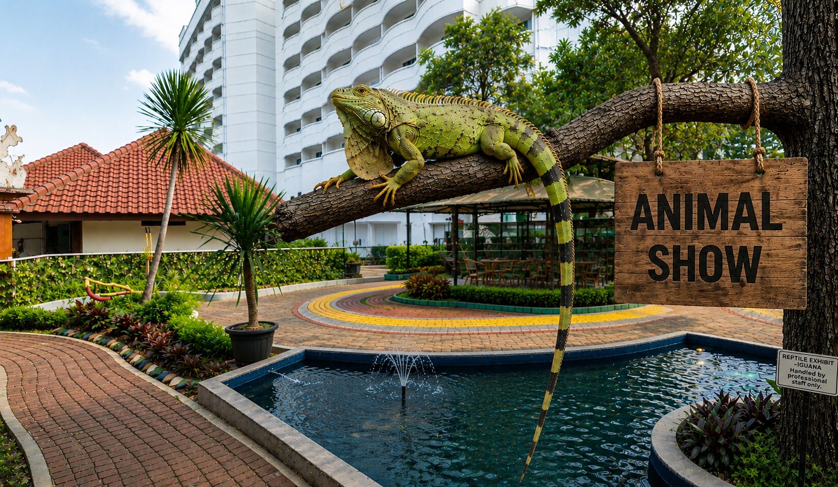 A lizard on a branch with a sign reading 'ANIMAL SHOW' in a landscaped area with a pool and a building in the background.