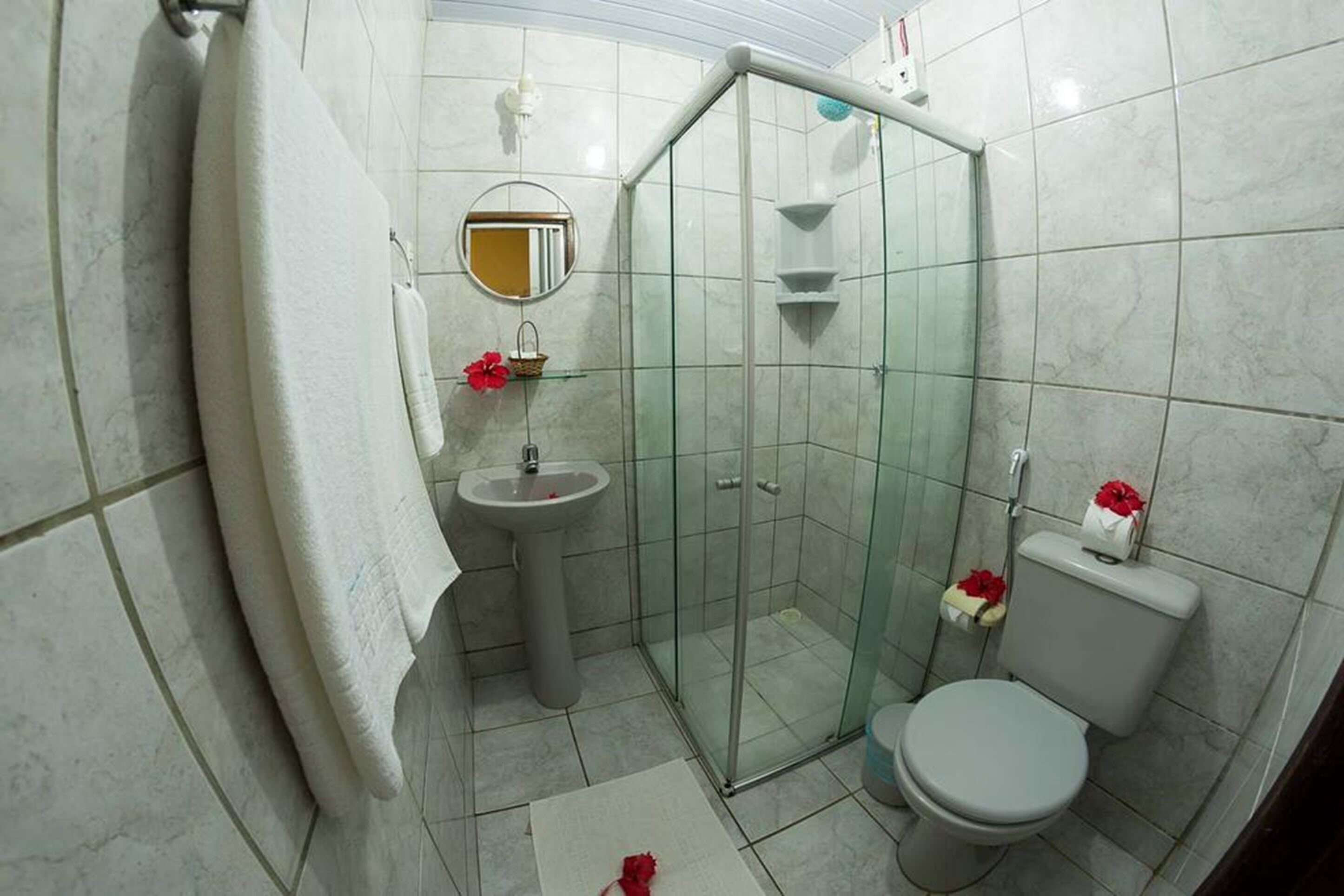Un bany amb plat de dutxa de vidre, un lavabo i un vàter.