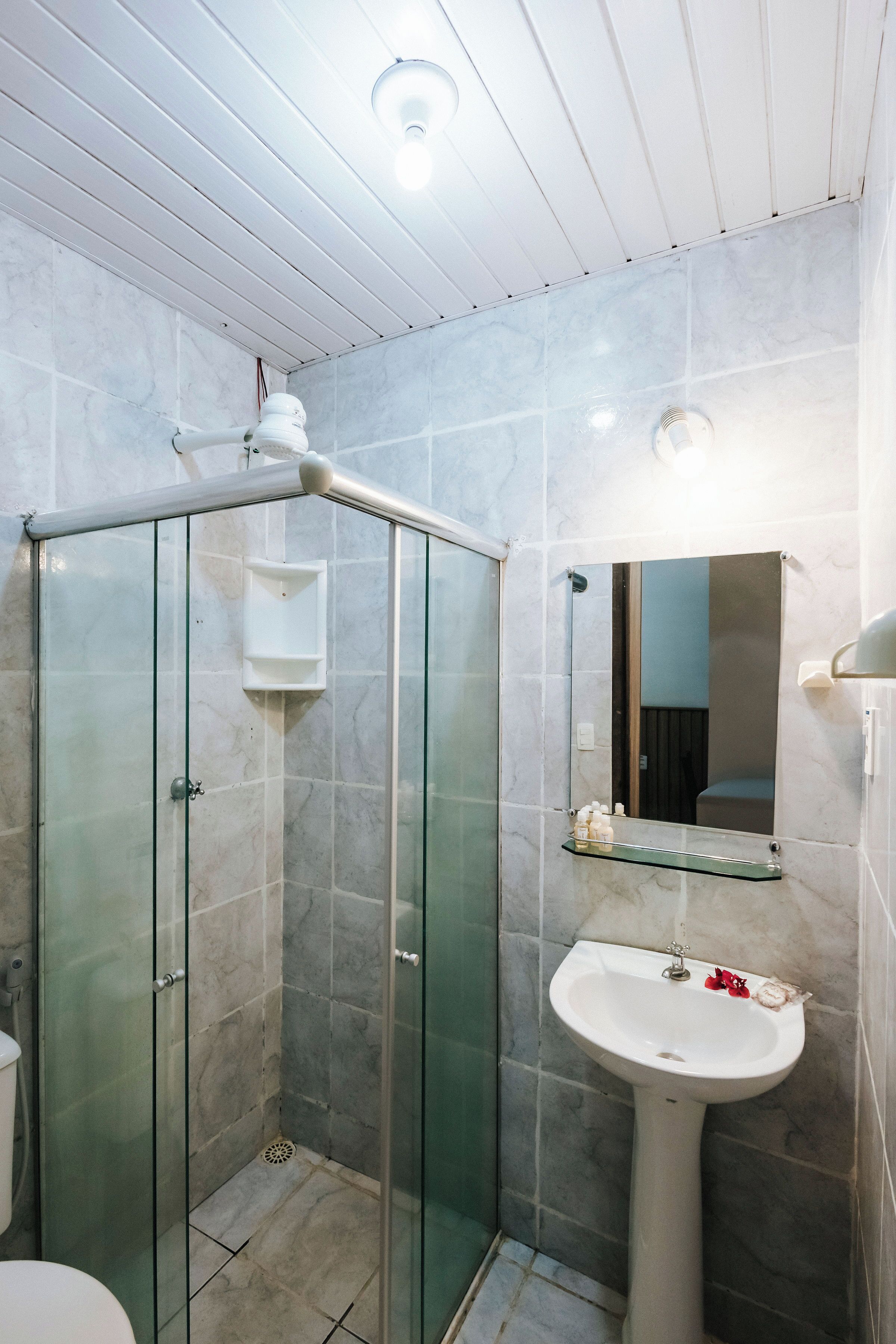 A bathroom with a glass-enclosed shower, a white pedestal sink, and a mirror above it.