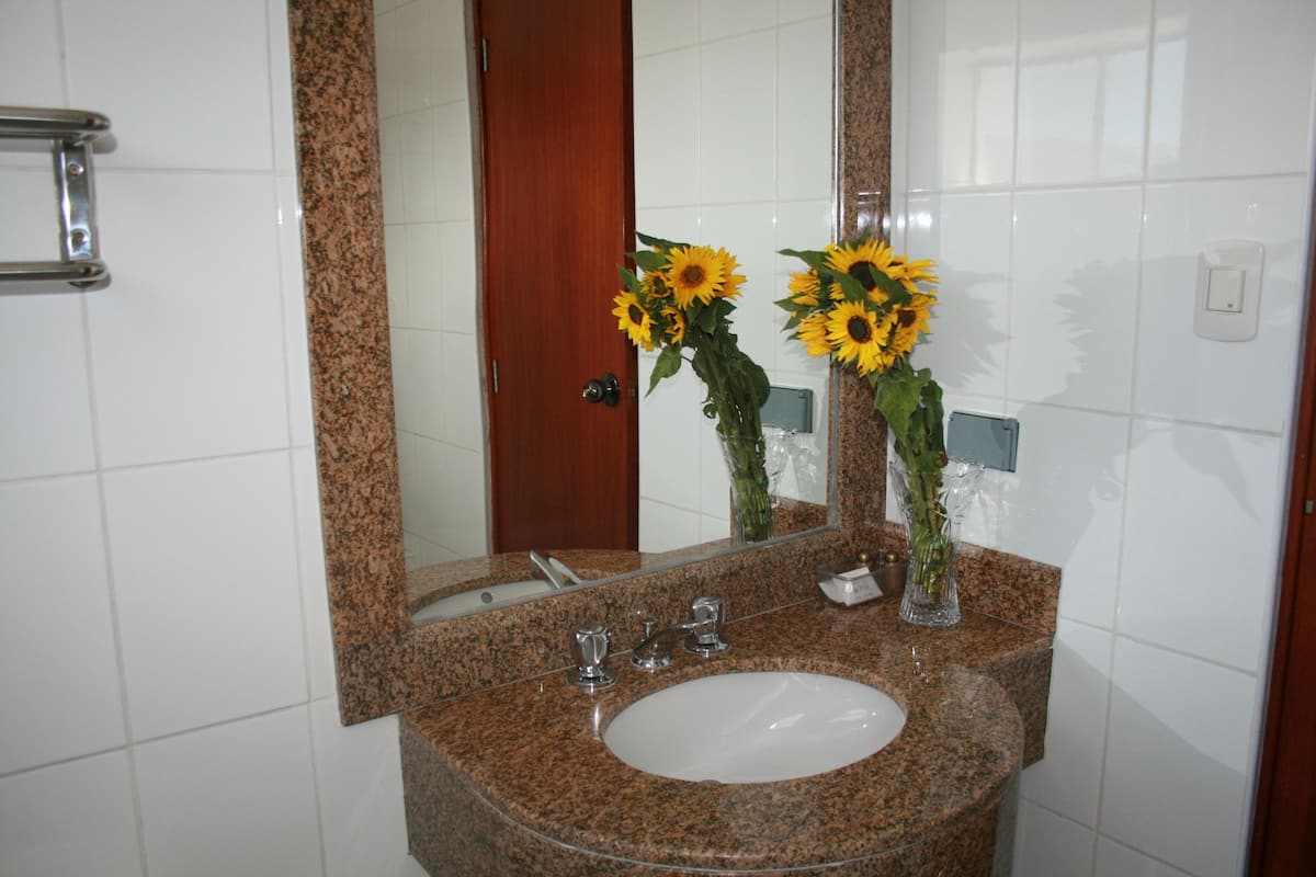 A bathroom with a granite countertop, white sink, and a mirror reflecting a wooden door and sunflowers.