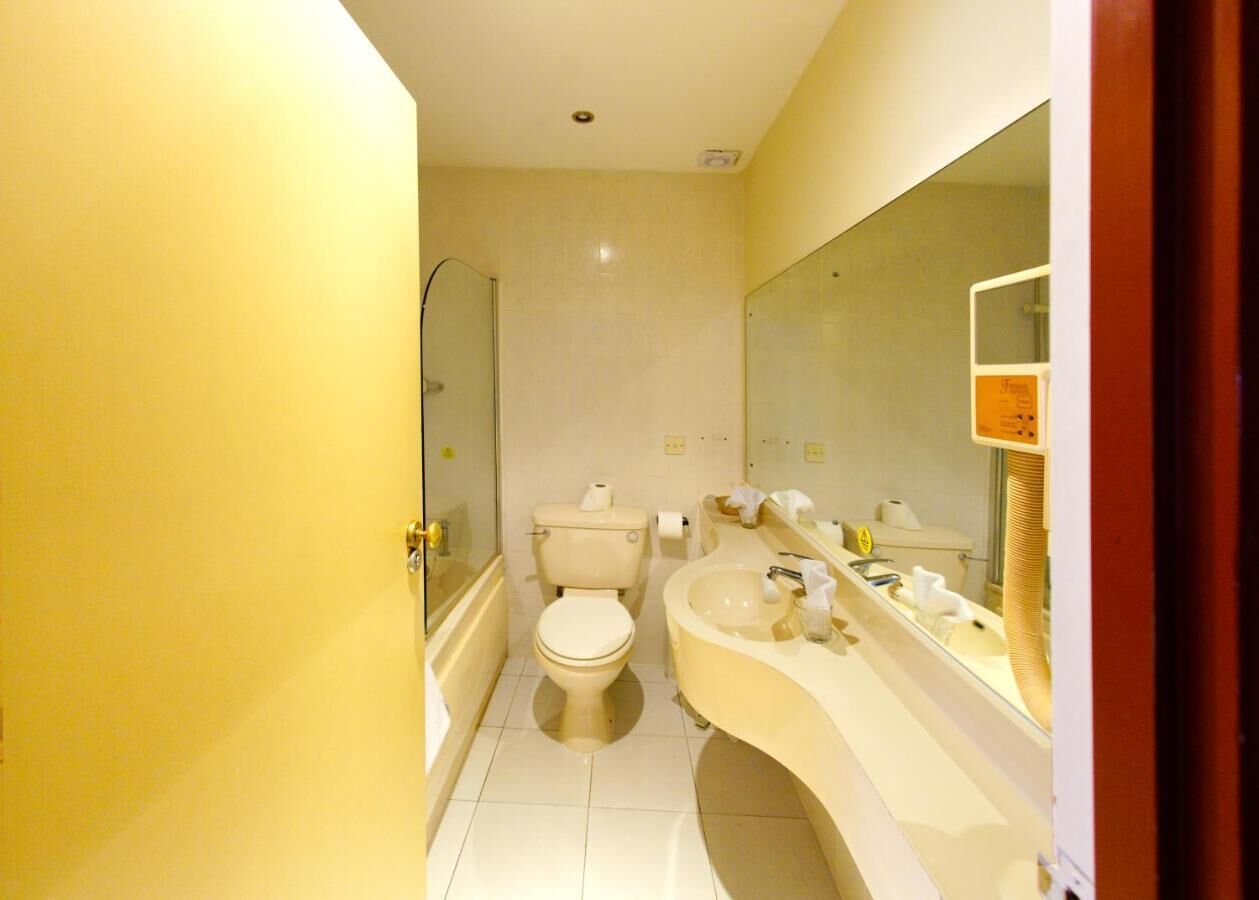 A bathroom with a toilet, sink, and mirror.