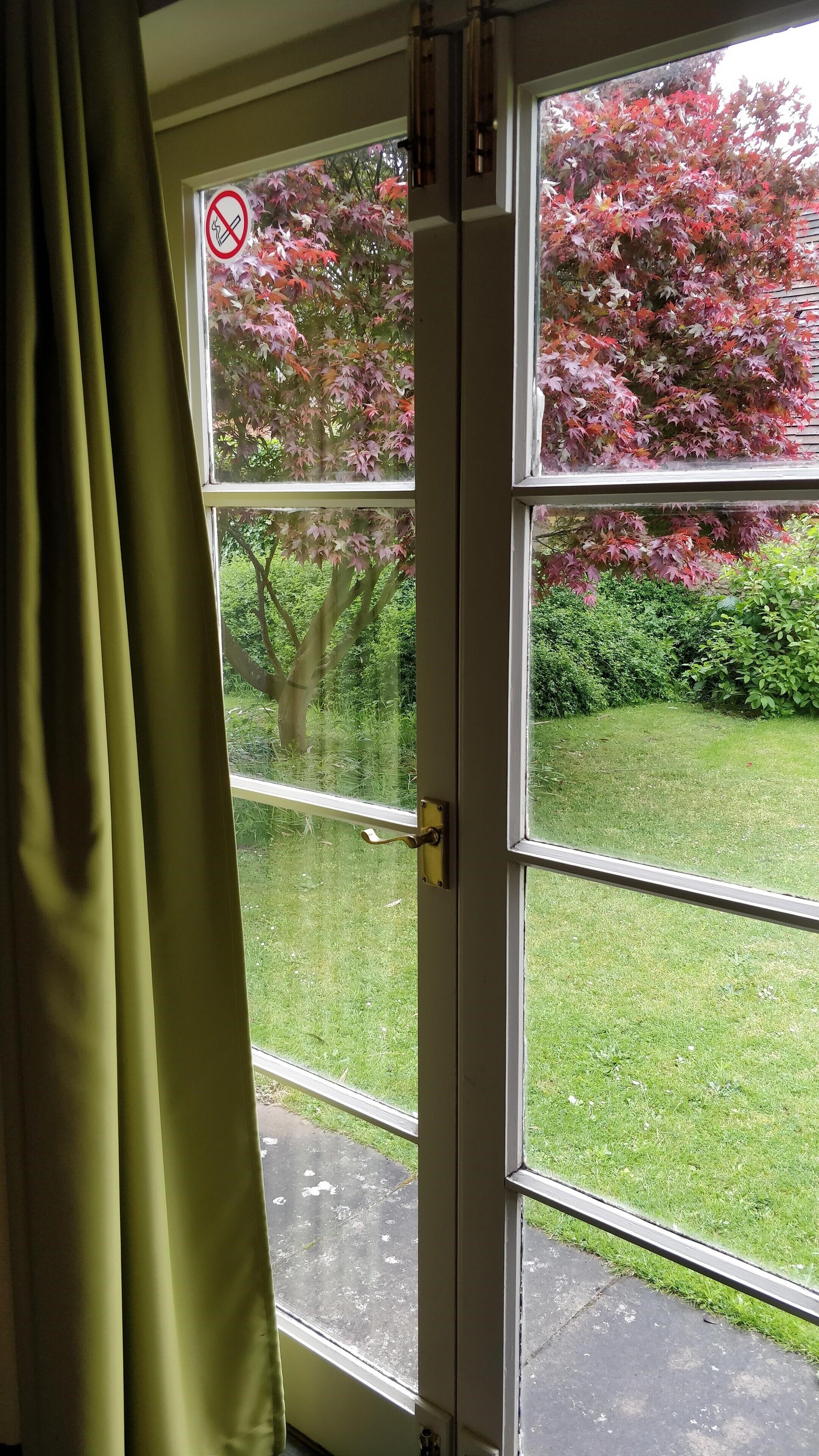 A window with a 'no smoking' sign, a view of a garden with trees and bushes, and a door with a handle.