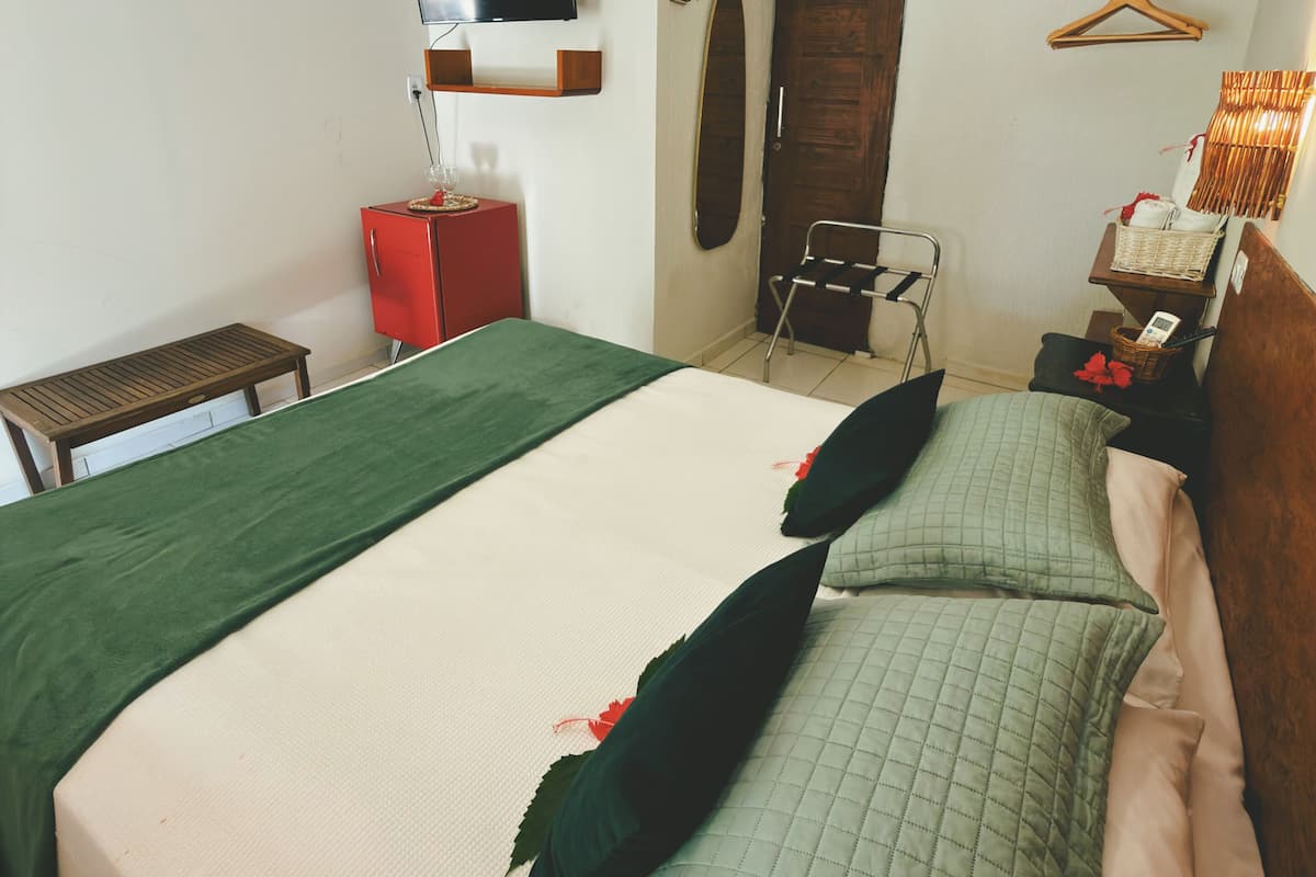 Quarto com cama, televisão, ar-condicionado, luminária pendente e porta de madeira.