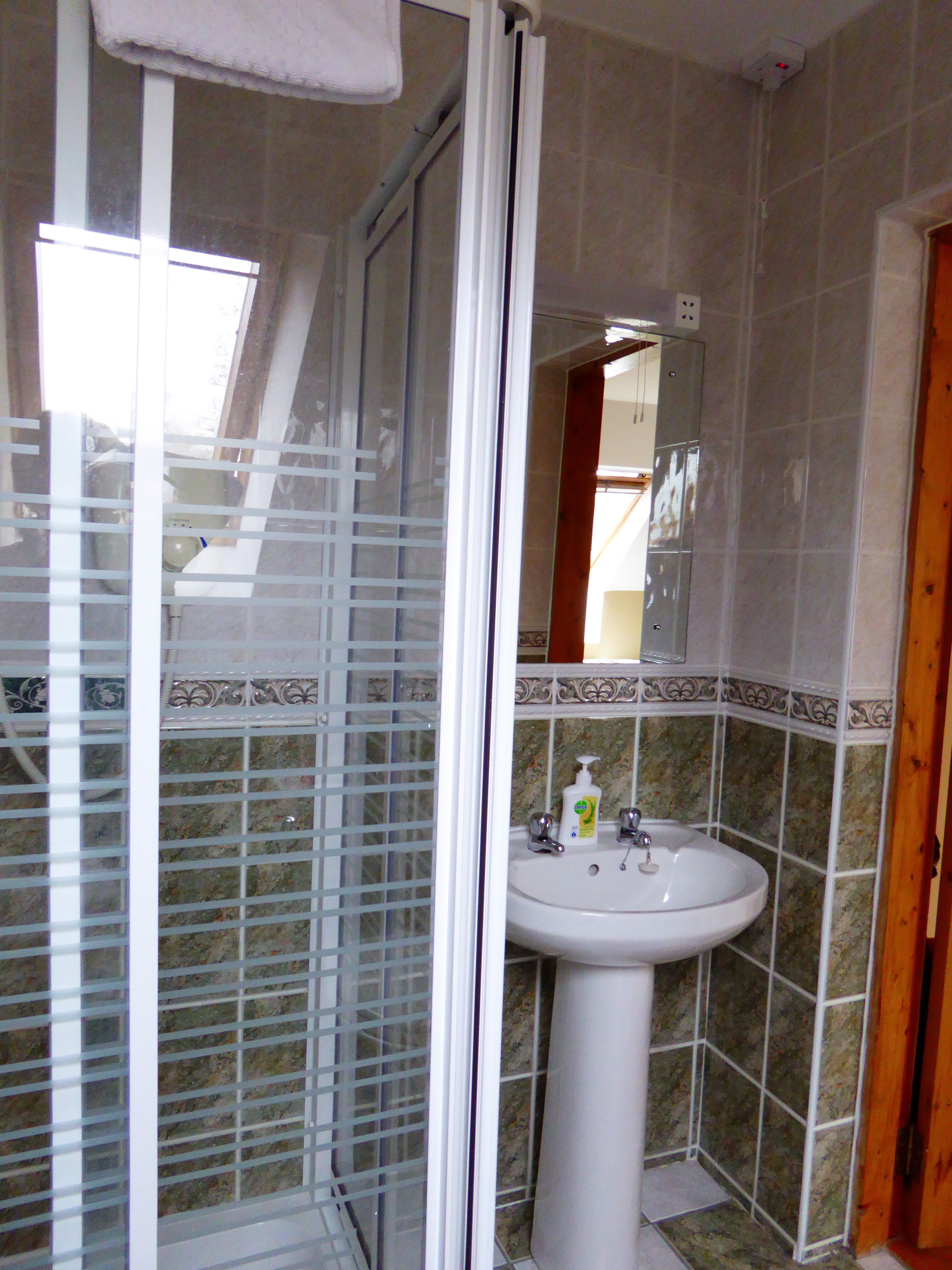 Une salle de bain avec une douche, un lavabo et un miroir.