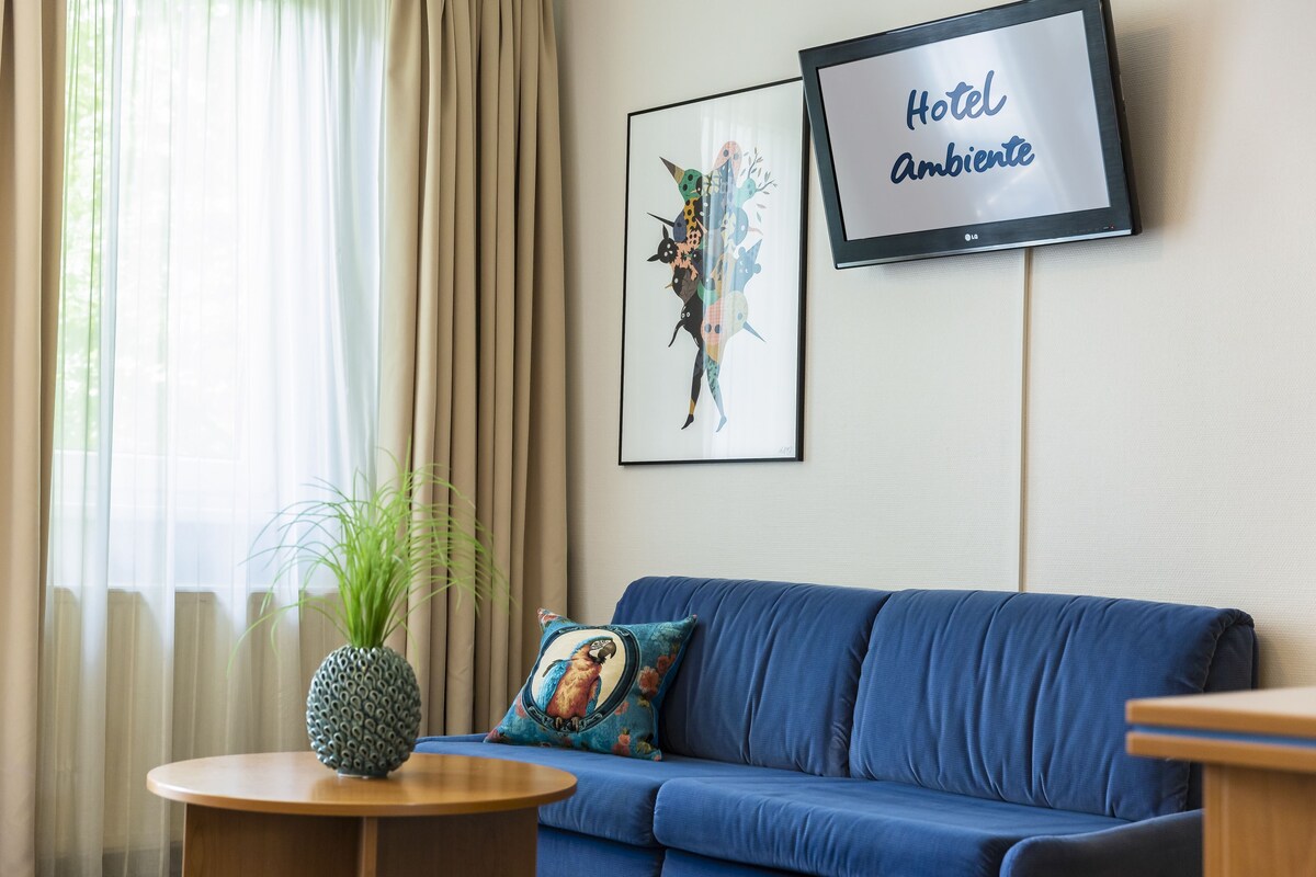 Sininen sohva, kehystetty kuva, jossa on papukaija, ja kyltti, jossa lukee: ”Hotel Ambiente”.