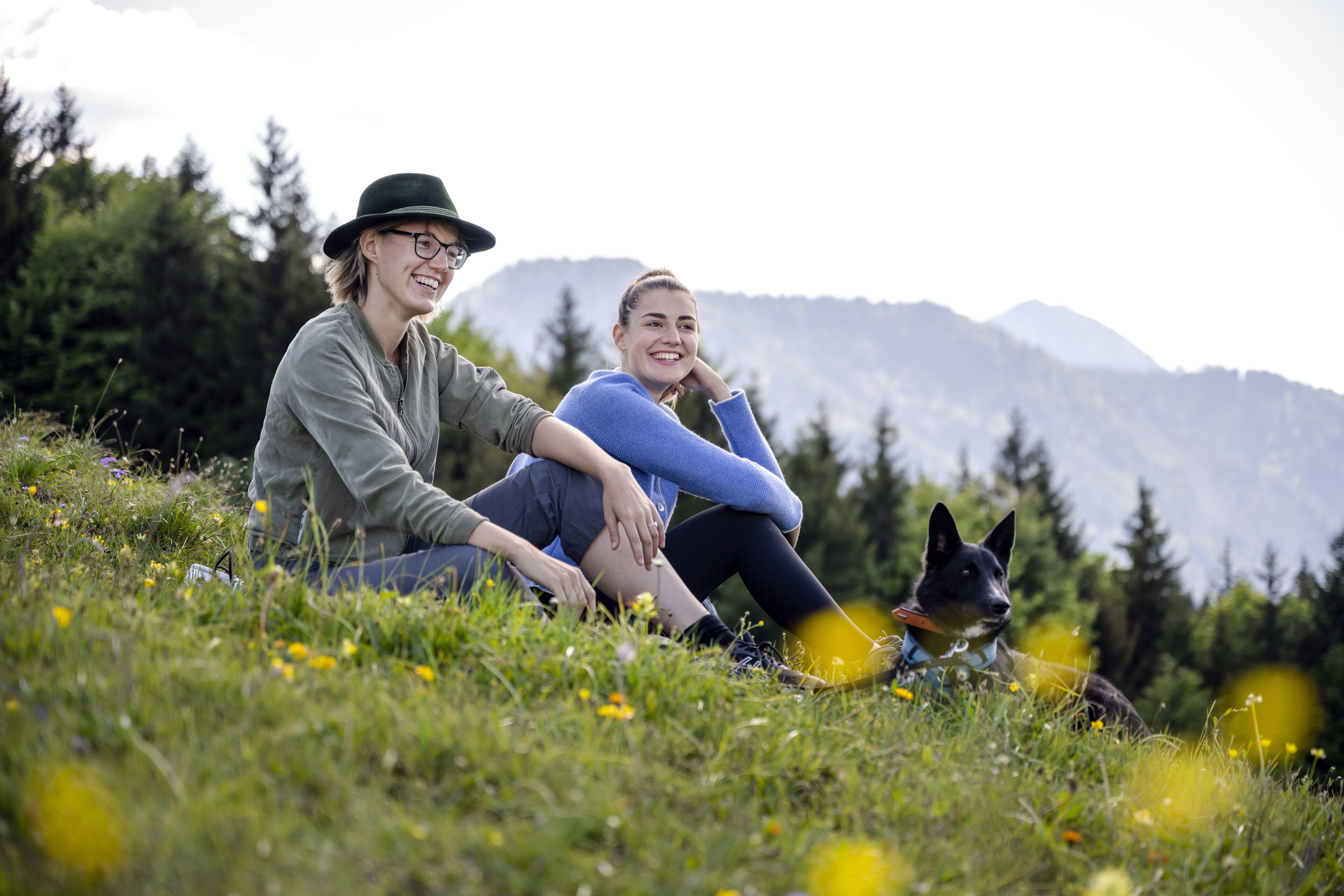 Two people sitting on grass with a dog, surrounded by greenery and mountains in the background.