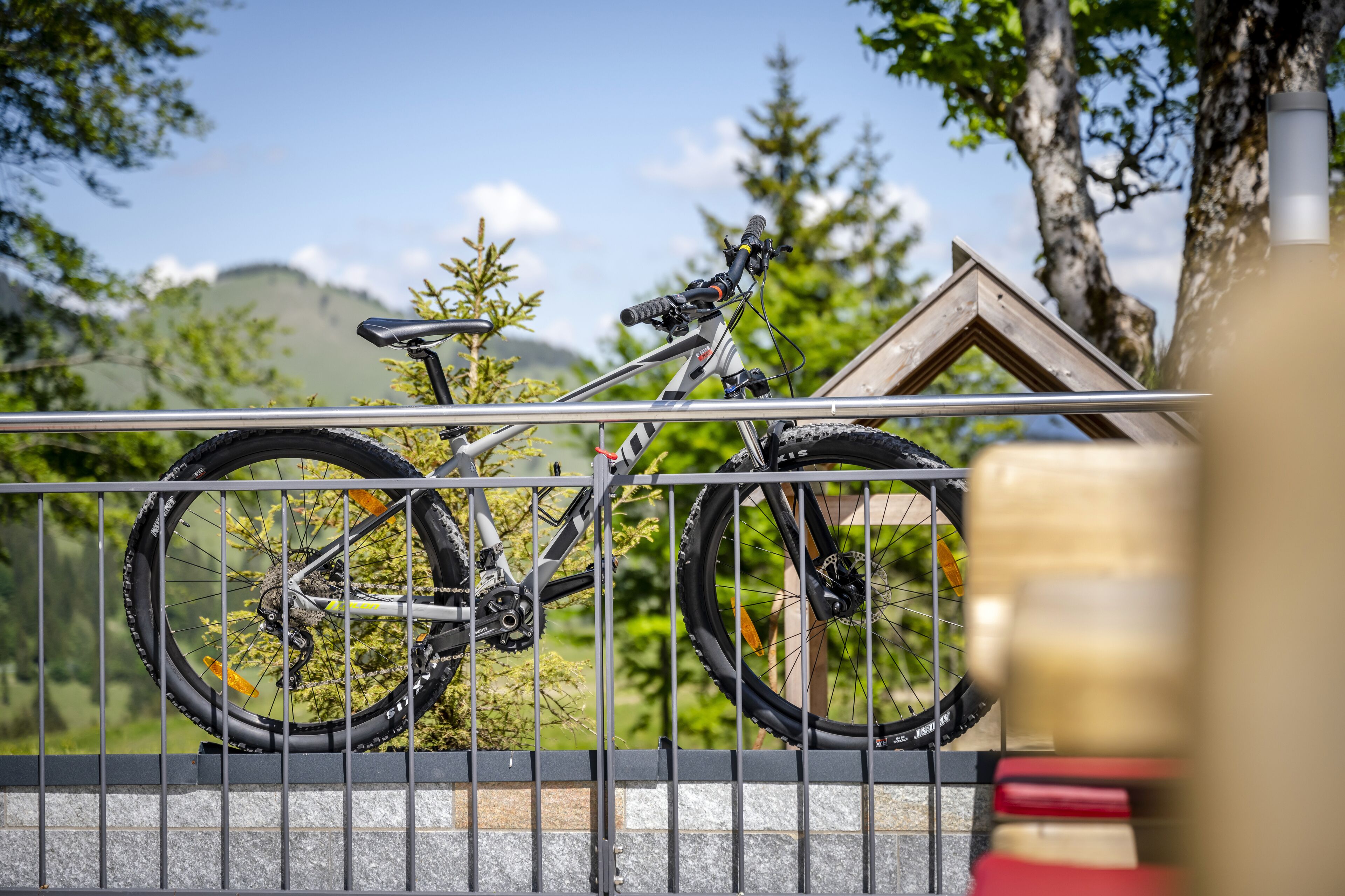 Ein Fahrrad, das an einem Metallzaun geparkt ist, mit Bergen und Bäumen im Hintergrund.