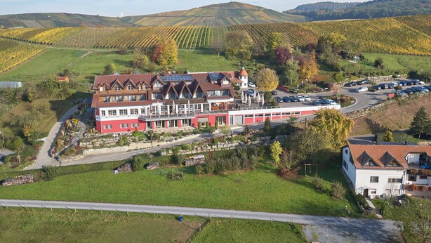 A large, multi-story hotel with a red and white facade, located in a hilly area with vineyards in the background. - Hotel Wo Der Hahn Kräht (Flein)
