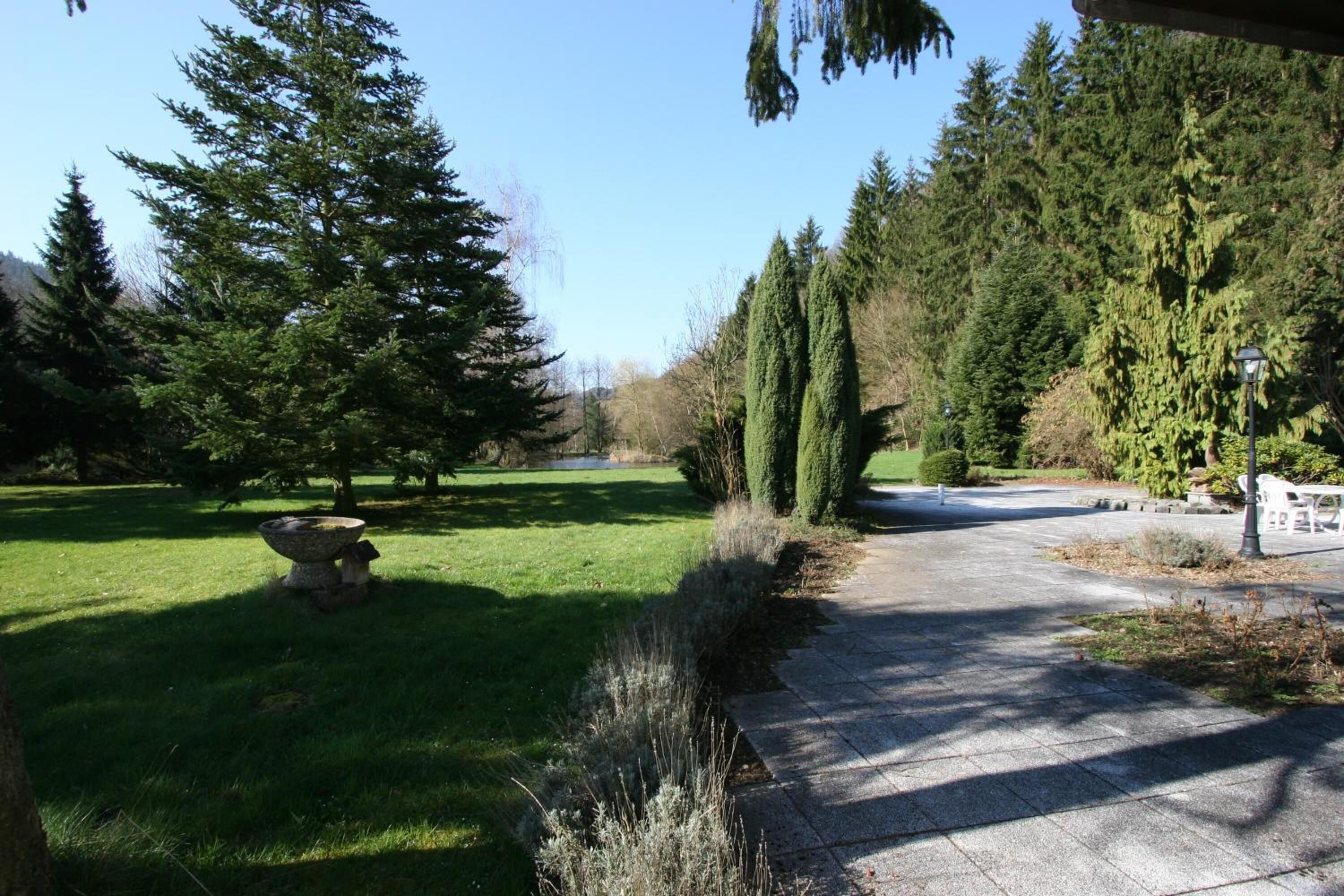 Ein Weg, der durch einen Park führt, mit einem Steingefäß, hohen Nadelbäumen und blauem Himmel.