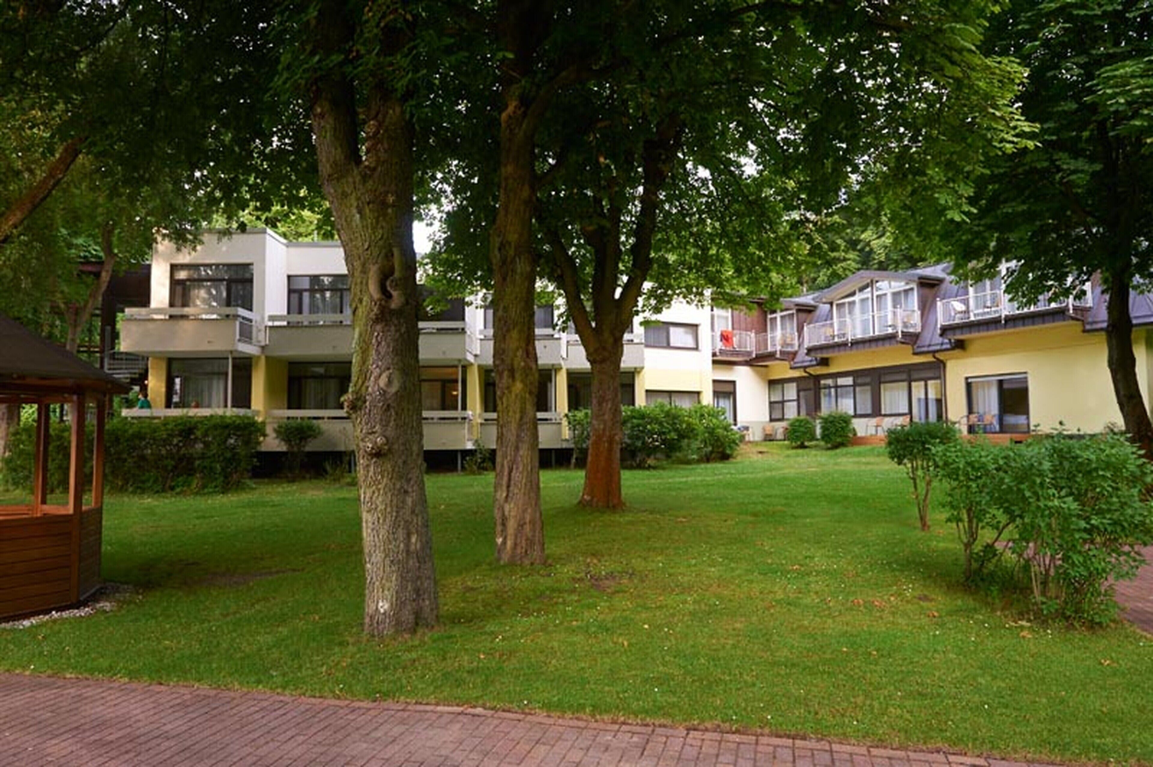 A courtyard with trees and a brick pathway leading to a building with multiple balconies.