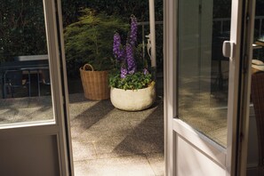 Vista a través de un ventanal hacia un patio con una cesta grande de fibra natural y una planta en maceta con flores moradas.