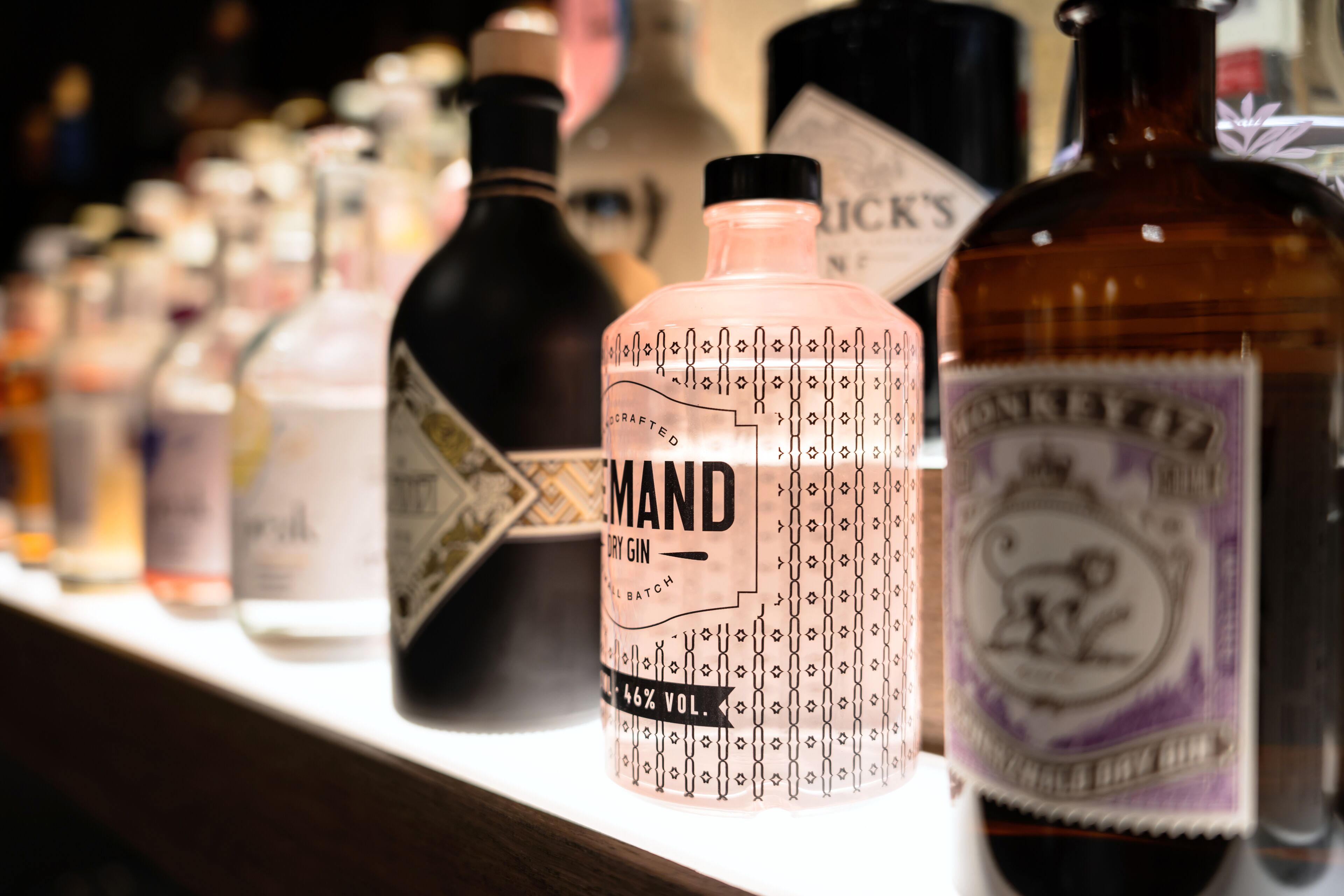 A variety of bottles on a shelf, including a prominently labeled bottle of 'DAND DRY GIN'.