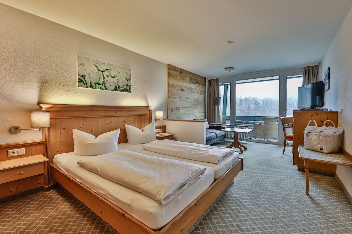 A hotel room with a large bed, a desk, a chair, a television, and a window with a view.