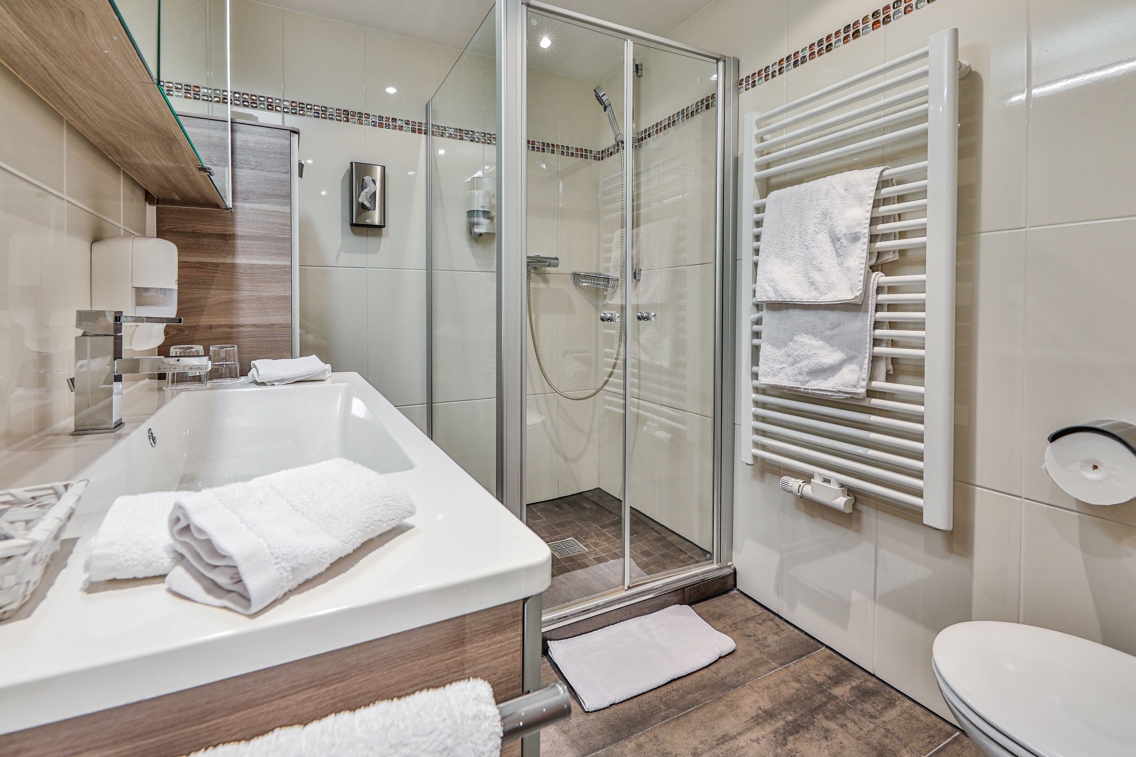 superior double room | bathroom | shower, free toiletries, hair dryer, bathrobes