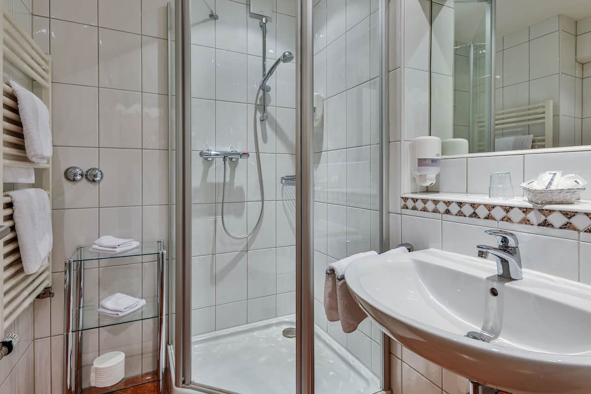 classic double room | bathroom | shower, free toiletries, hair dryer, bathrobes