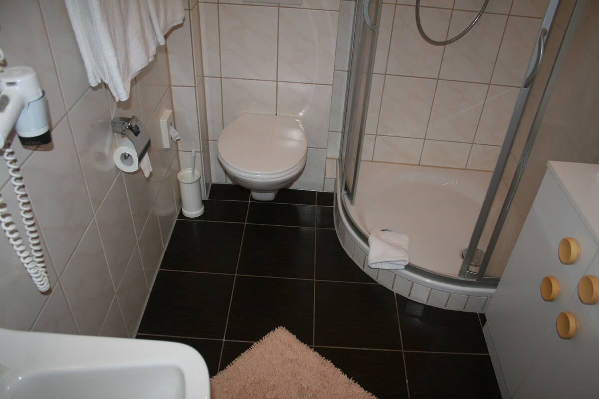 standard double room | bathroom | shower, hair dryer, soap, shampoo