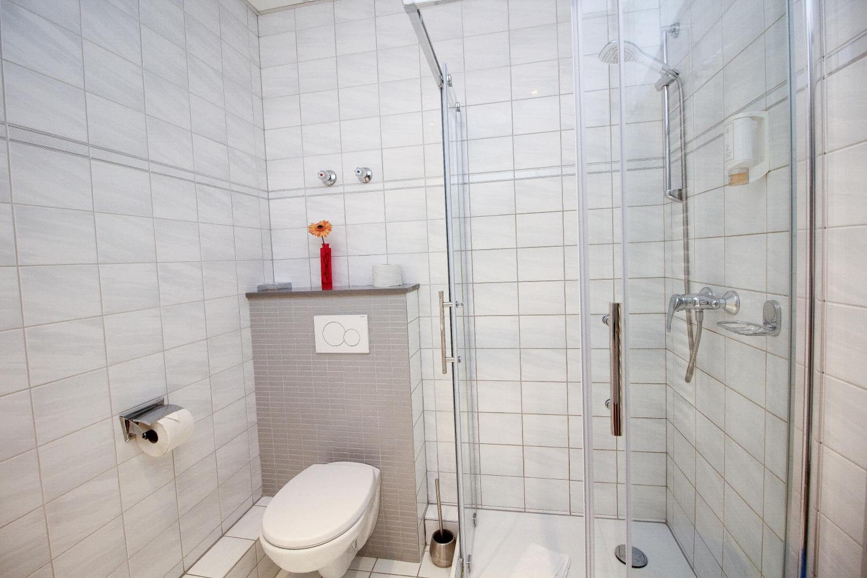 shower, free toiletries, hair dryer, towels