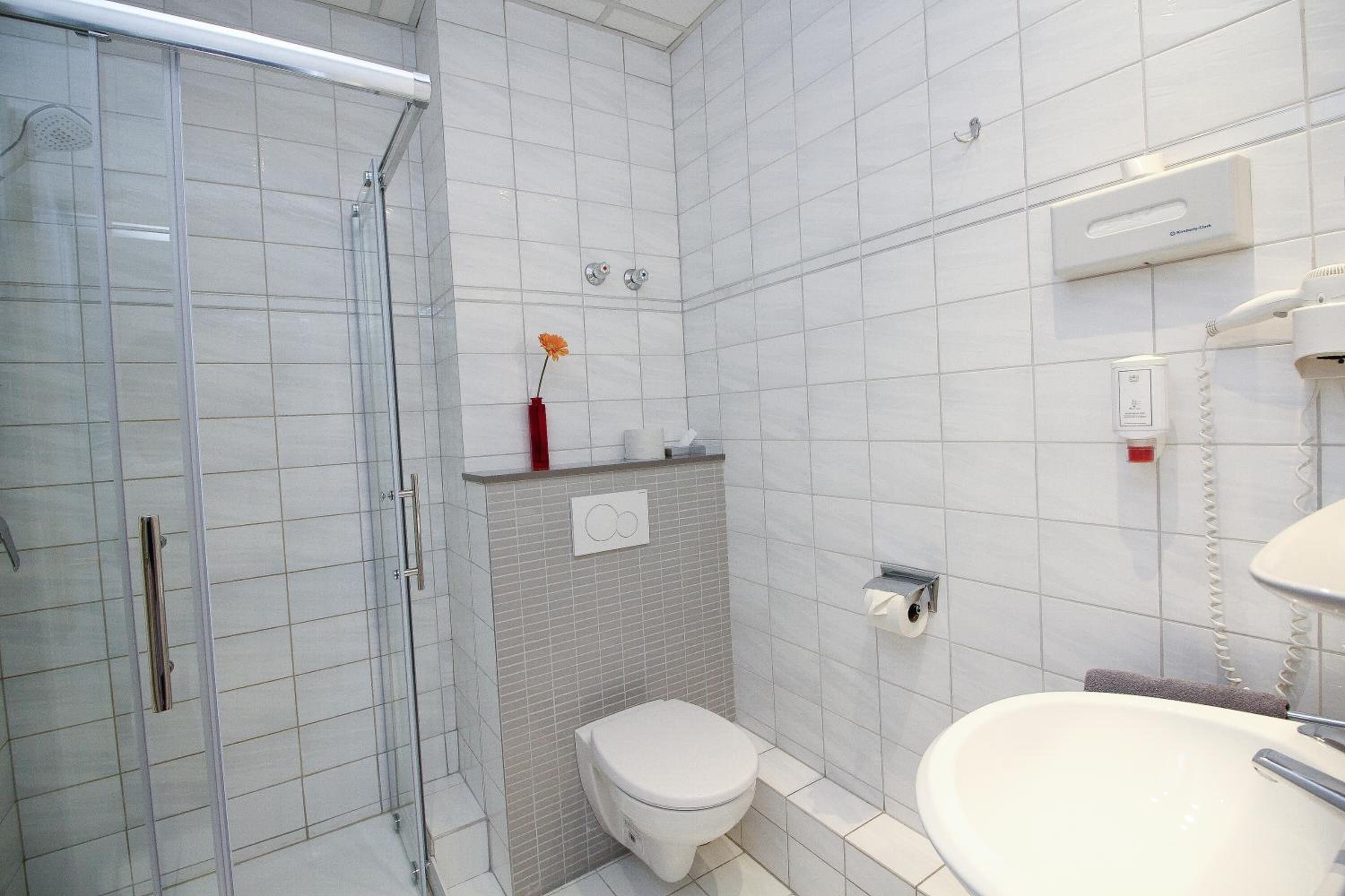 shower, free toiletries, hair dryer, towels