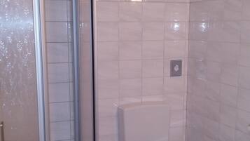 A bathroom with a glass-enclosed shower, a toilet, and a sink.