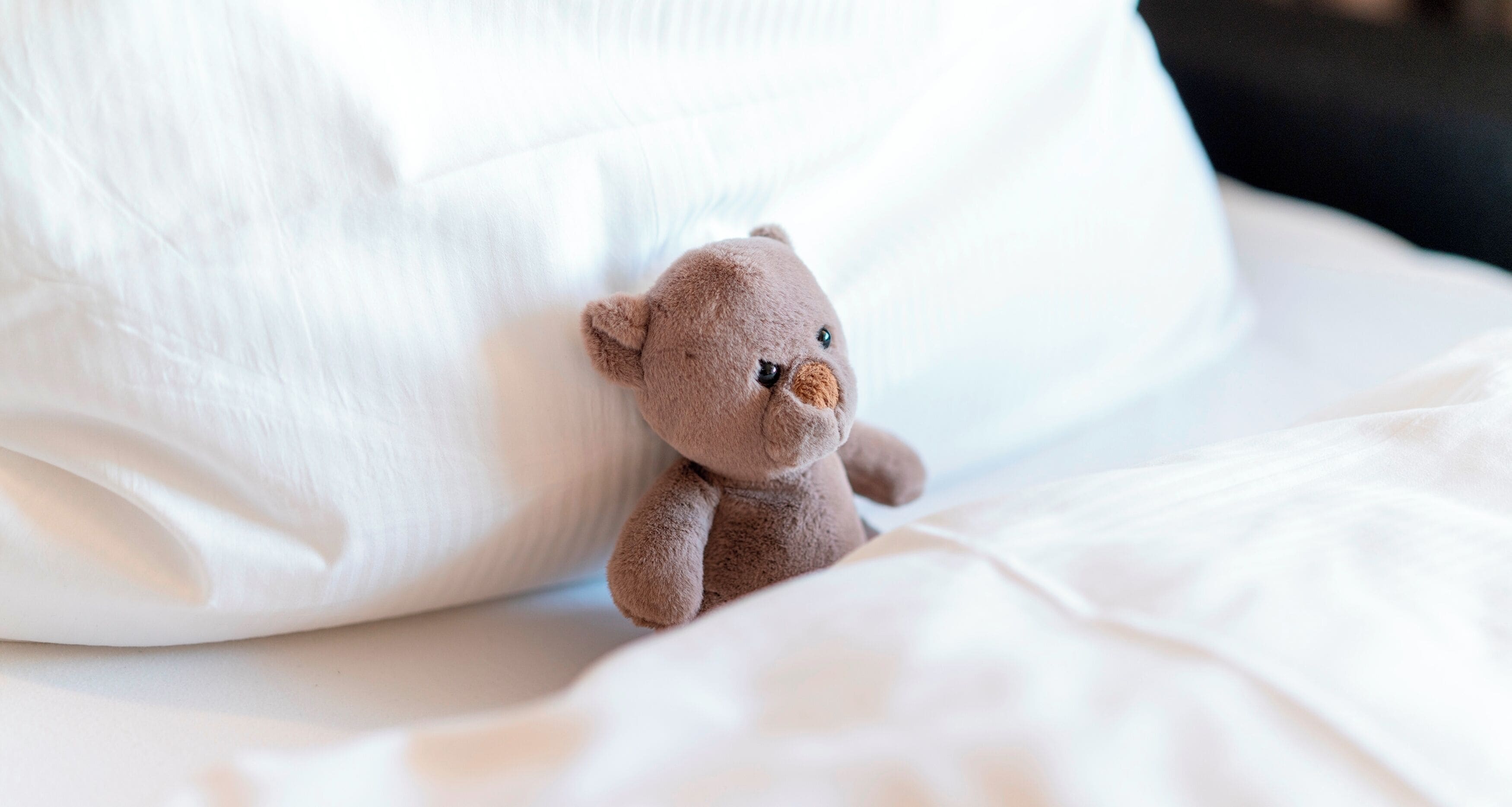 A small brown teddy bear sitting on a white pillow.