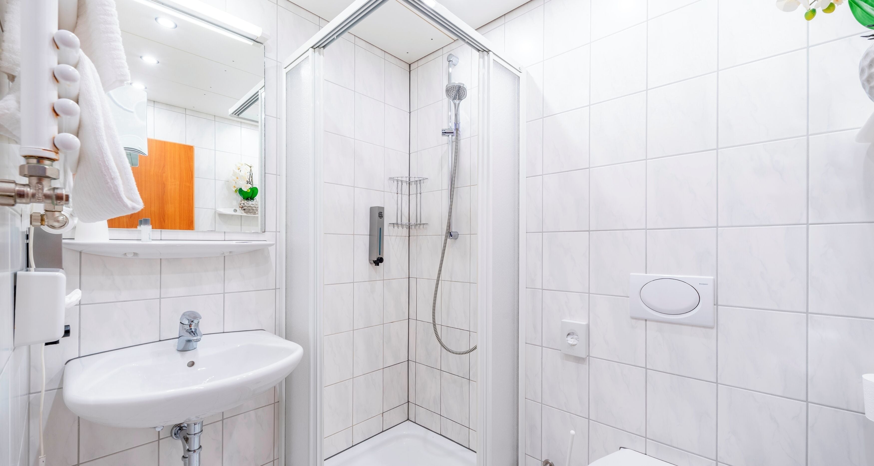 A modern bathroom with a glass-enclosed shower, a white sink, and a mirror above the sink.