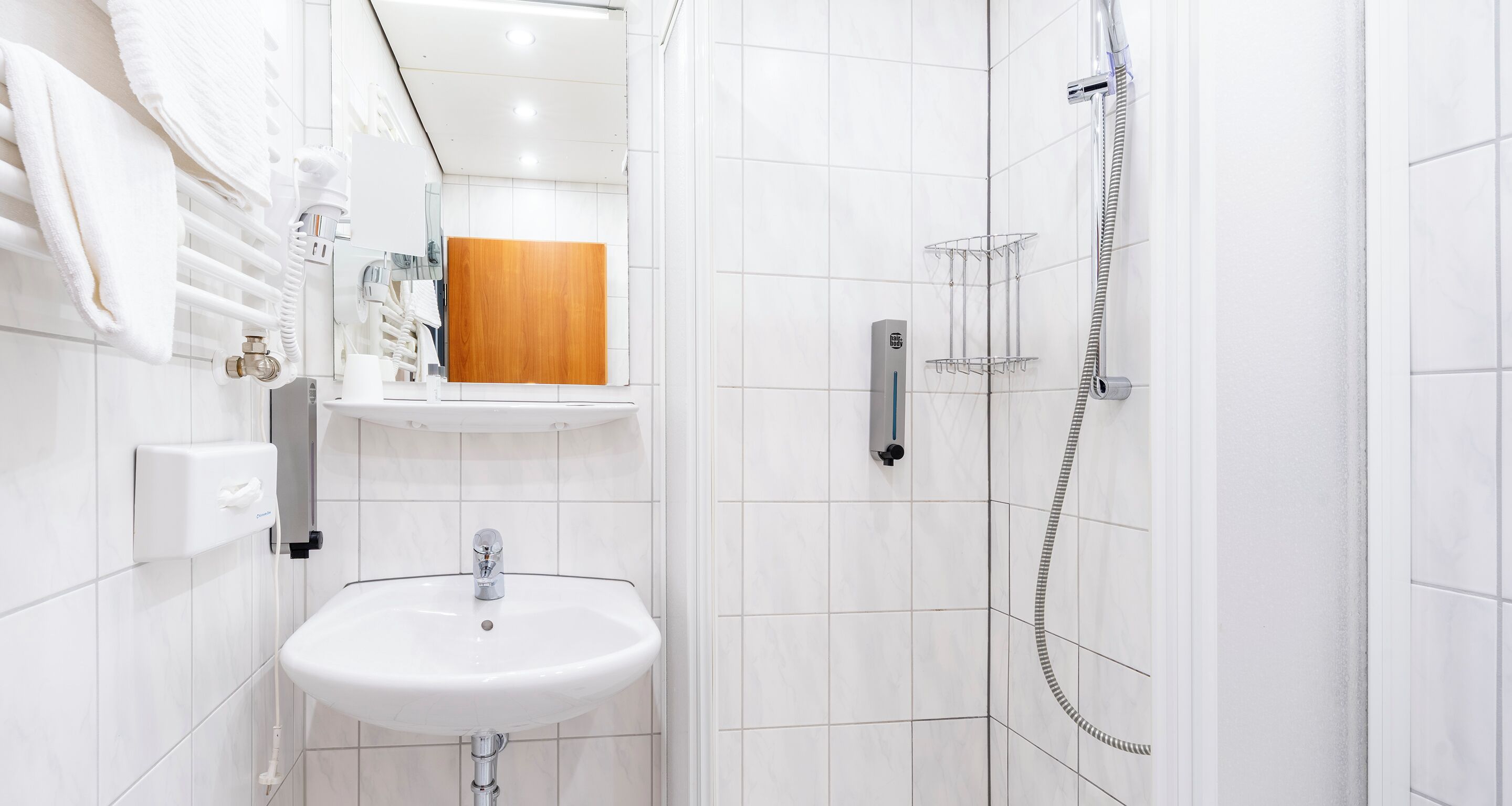 Une salle de bain moderne avec un lavabo blanc, un miroir, un porte-serviettes et une douche équipée d’un pommeau de douche à main.