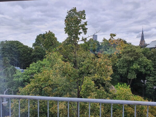 Une vue sur un paysage urbain, avec un feuillage dense et le clocher imposant d’une église qui se détache sur l’horizon.