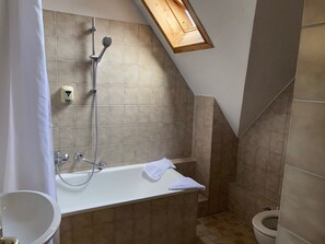 A bathroom with a shower, a toilet, and a sink. - Hotel Gasthaus Schützen (Freiburg im Breisgau)