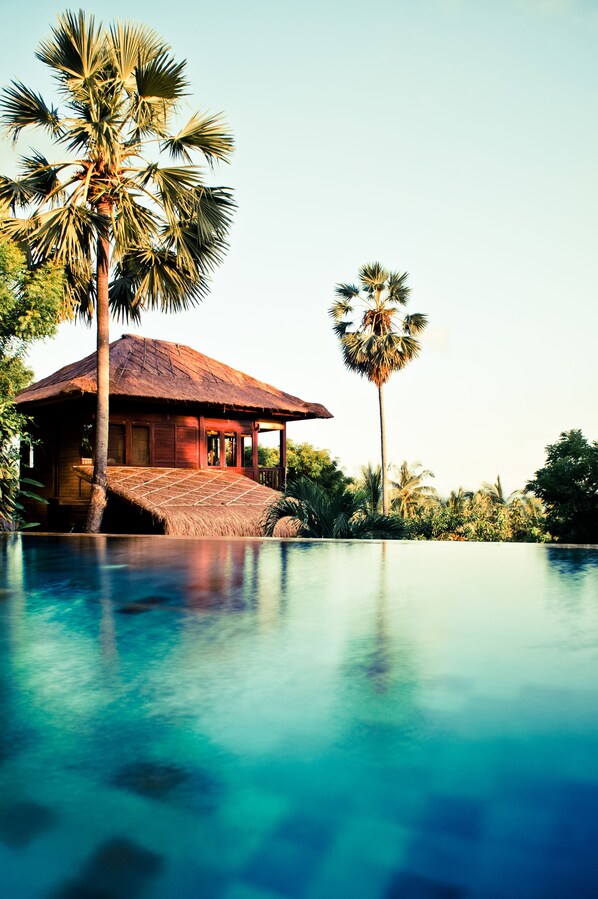 Outdoor pool, an infinity pool, pool umbrellas, sun loungers - Villa Flow (Karangasem)
