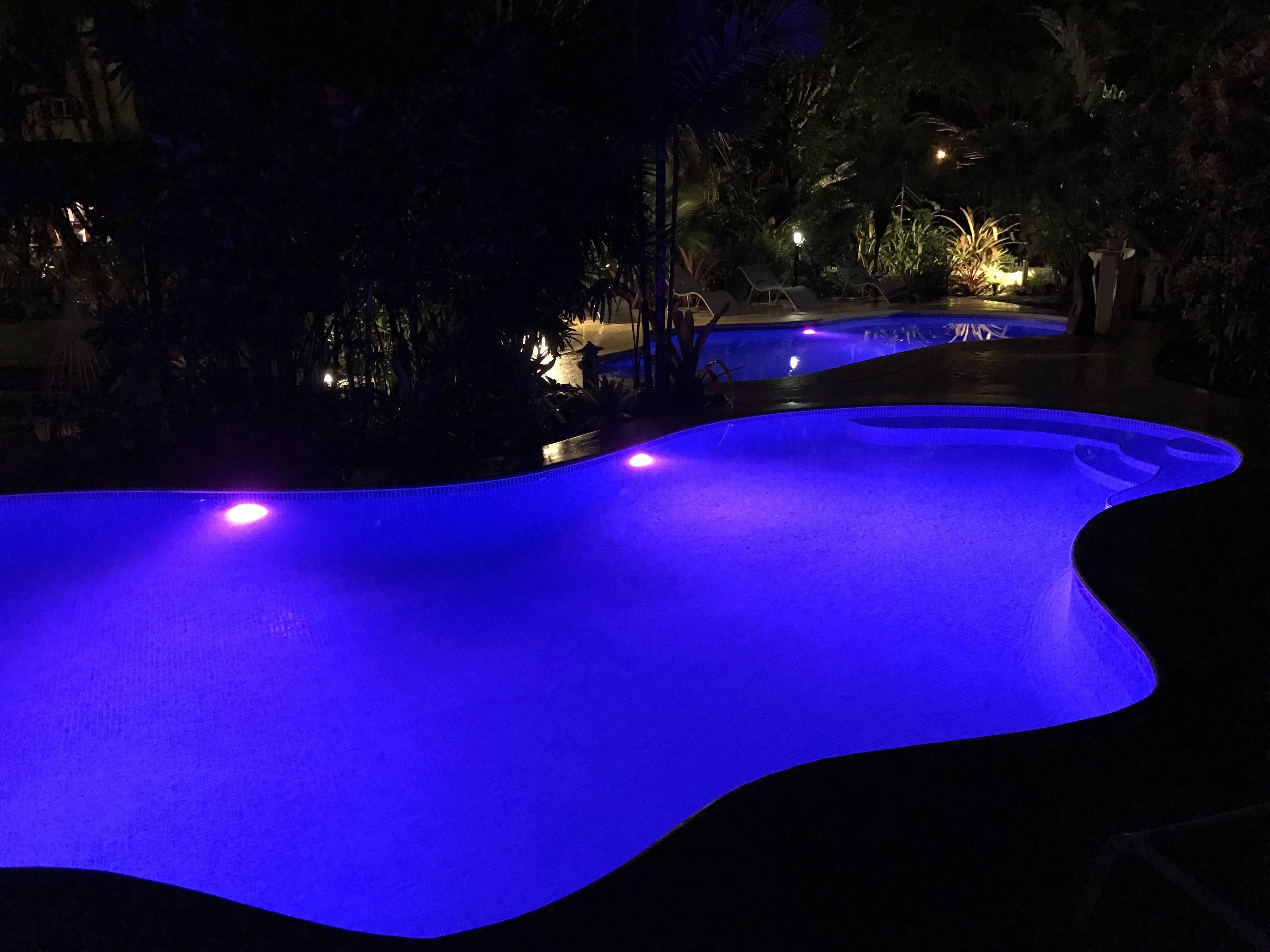 A swimming pool with blue lighting, surrounded by trees and outdoor seating.