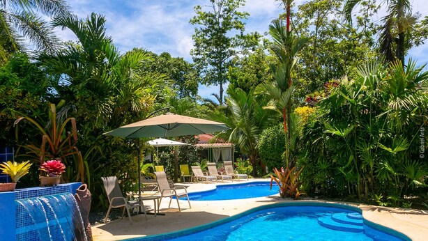 A swimming pool with a waterfall feature, surrounded by lush greenery and lounge chairs. - Hotel El Encanto (Cahuita)