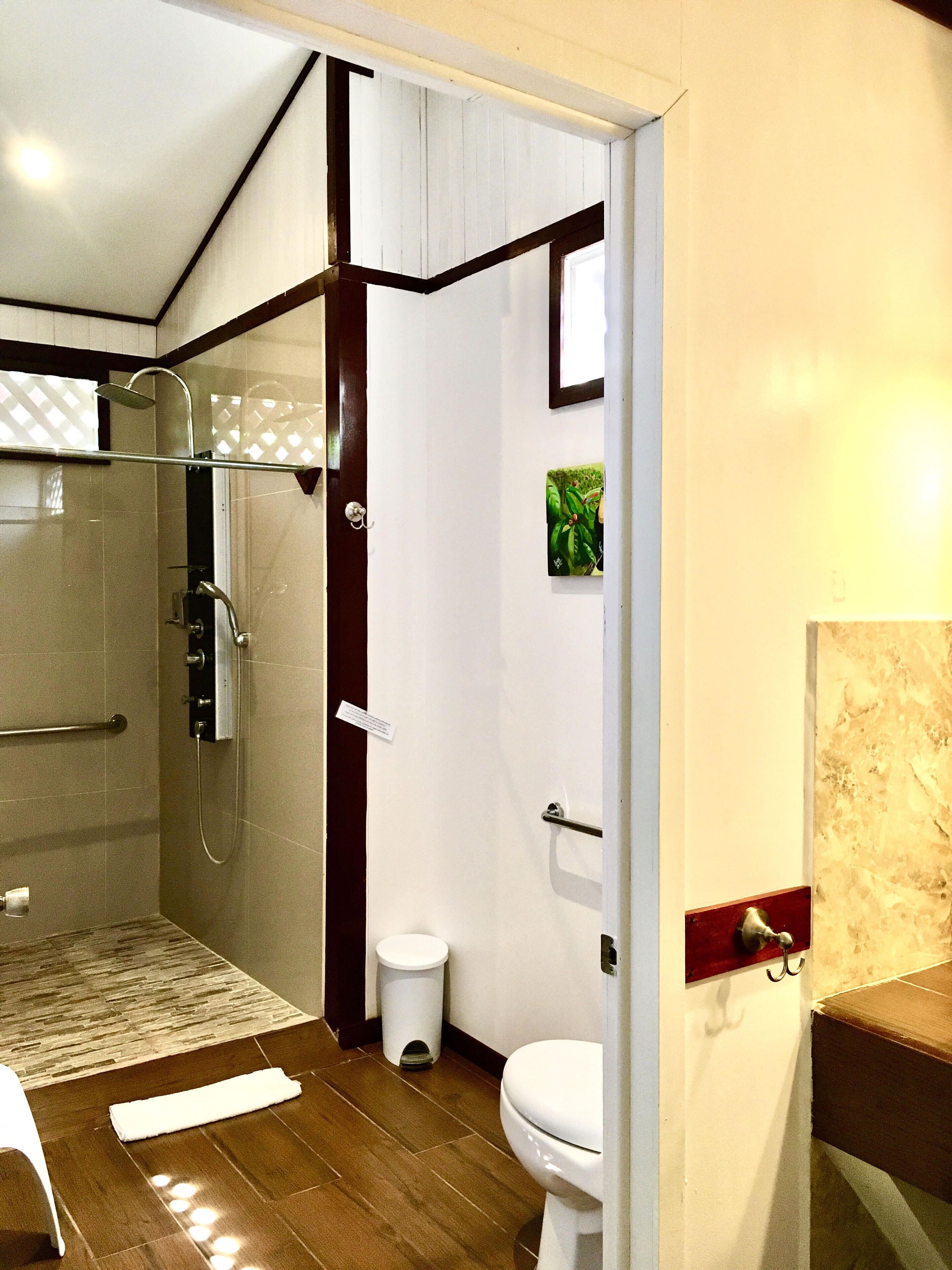 Une salle de bain moderne avec une douche à parois de verre, des toilettes et un lavabo.