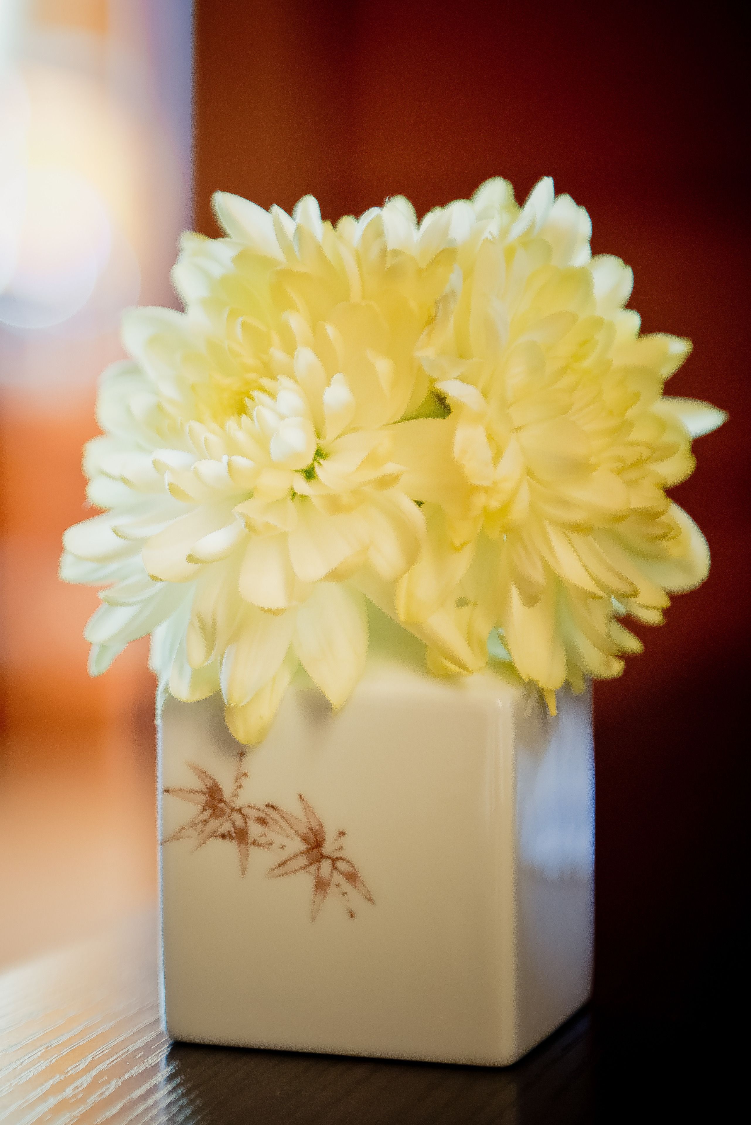 A white vase with yellow flowers on a wooden surface.