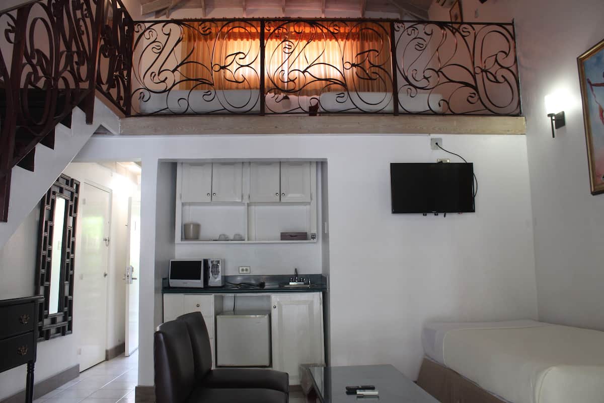A compact living space with a kitchenette, a sofa, a dining table, and a staircase with decorative railings.