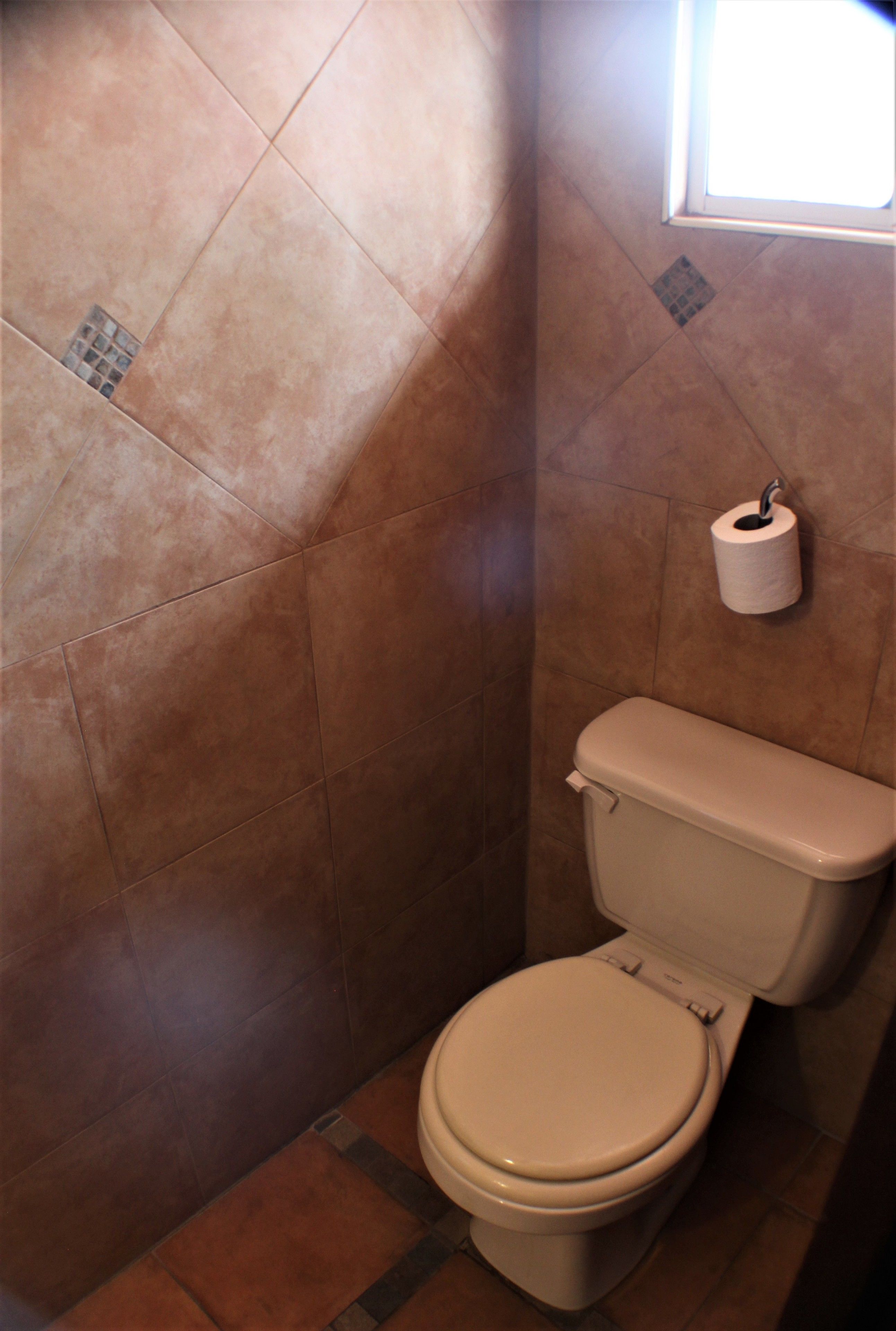 A bathroom with a toilet, a paper towel holder, and a window.
