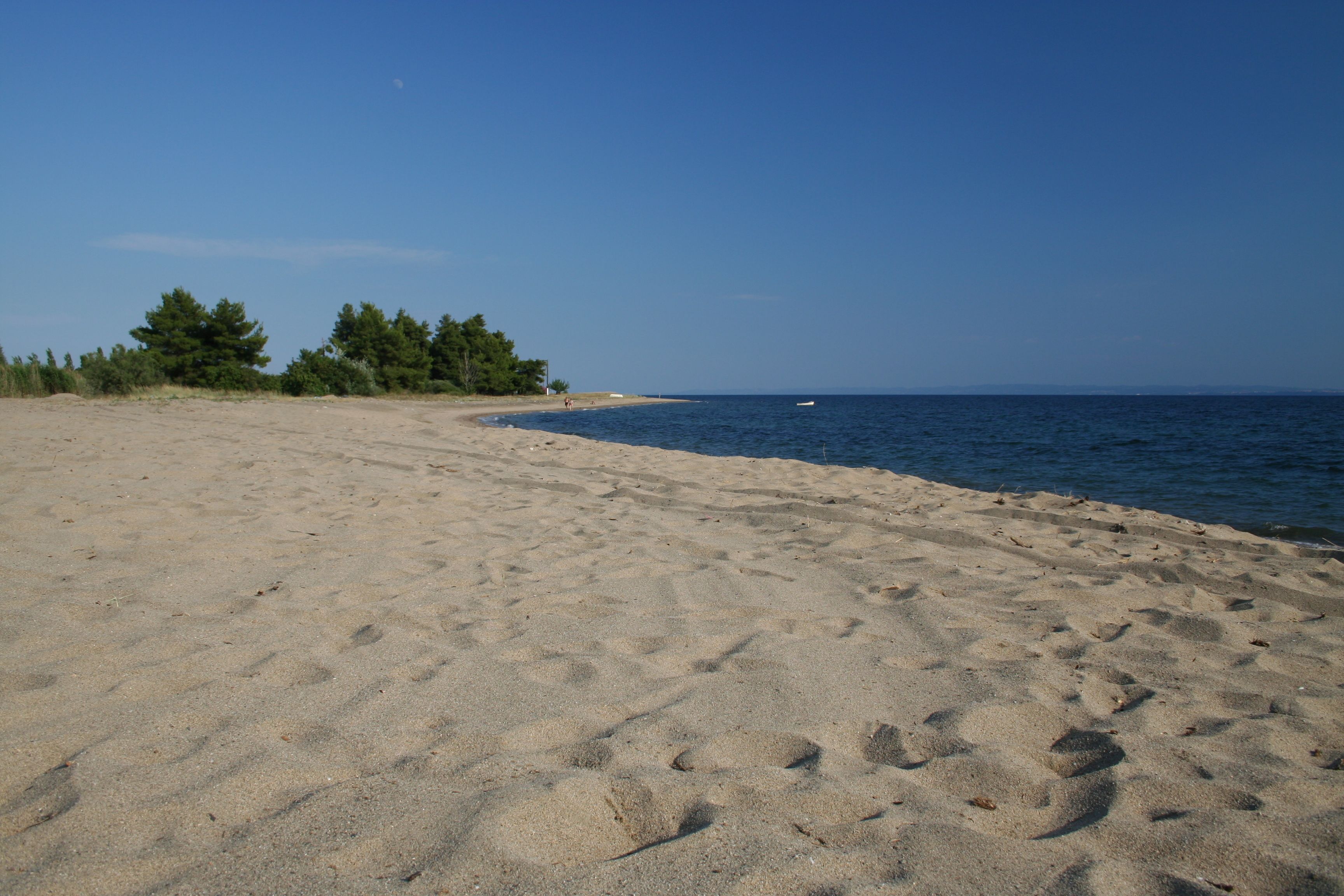 Una playa arenosa con huellas, cielo despejado y mar tranquilo.