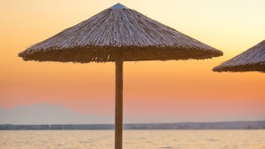 Escena de playa con dos sillas de descanso y un paraguas de paja.