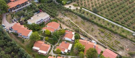 Vista aerea di una zona residenziale con diverse case, una strada centrale e un vigneto.
