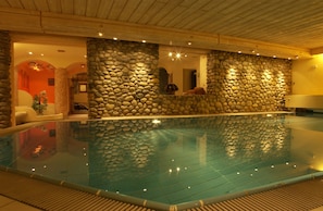 Indoor pool, outdoor pool, pool umbrellas, pool loungers