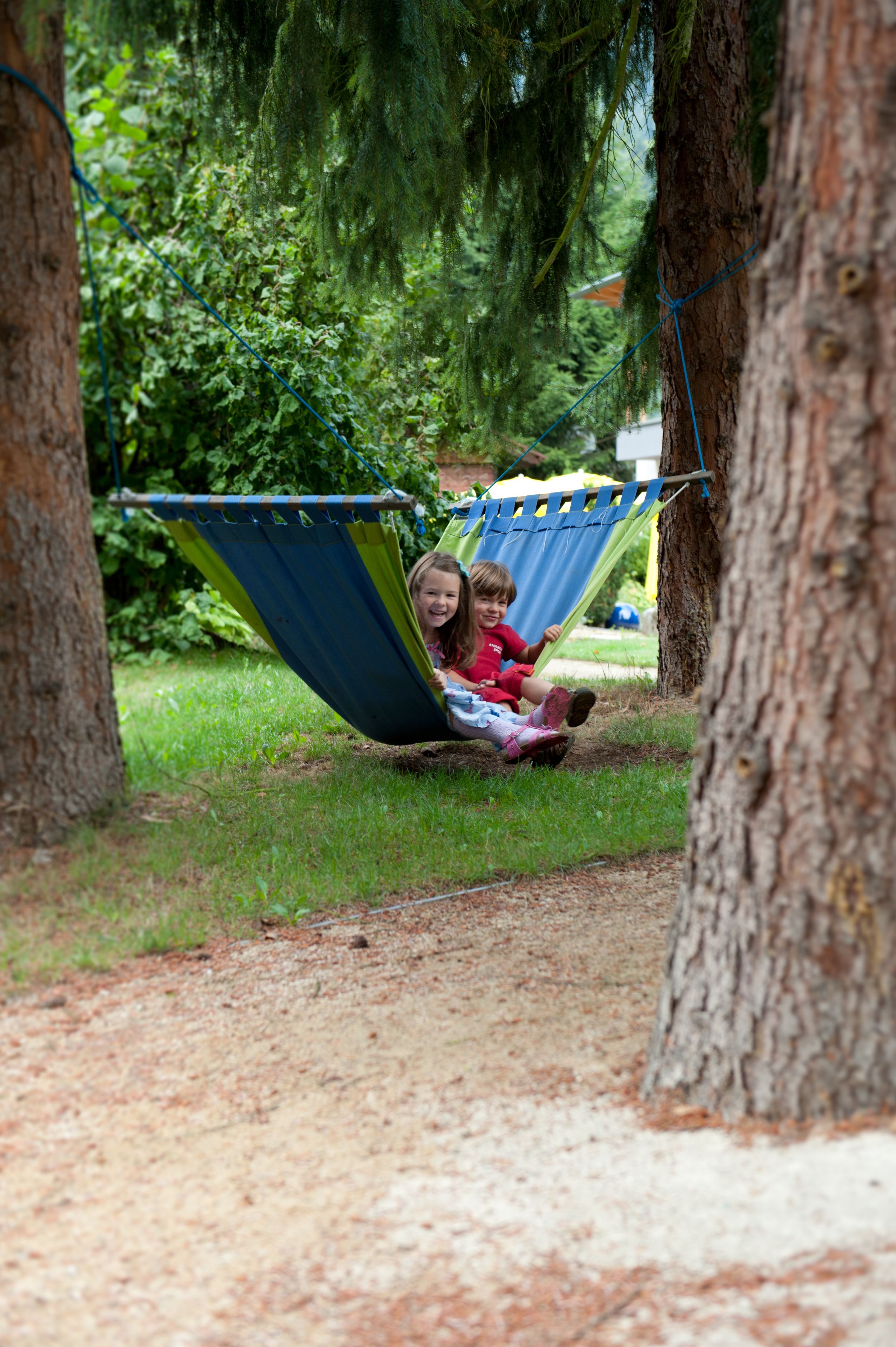 A hammock between trees in a wooded area.