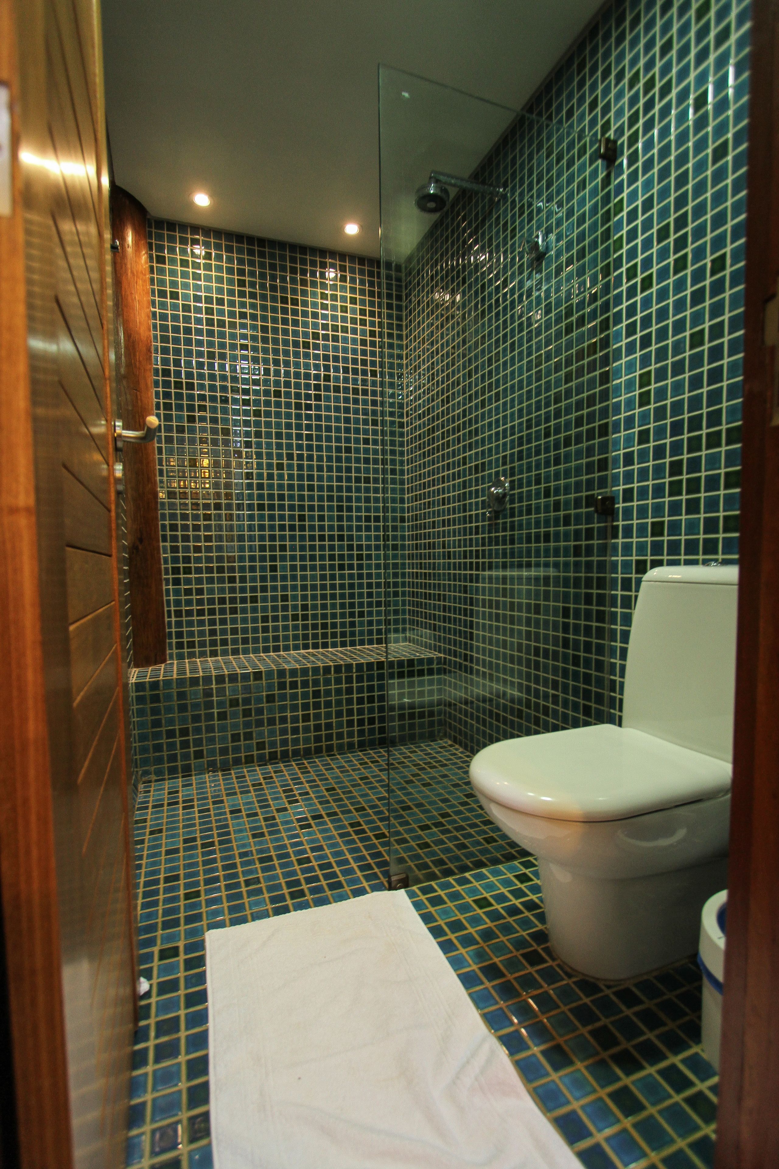 A bathroom with a tiled floor, a toilet, and a shower area.