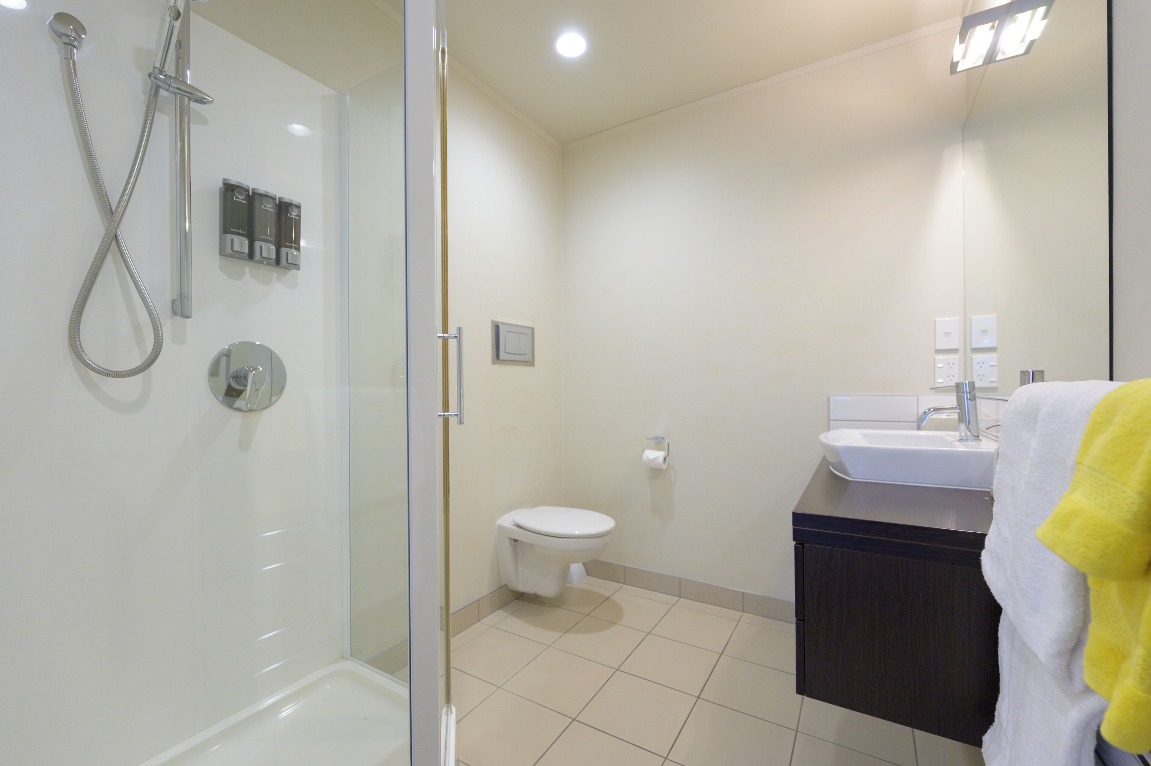 A modern bathroom with a glass shower enclosure, a white toilet, and a dark wooden vanity with a sink.