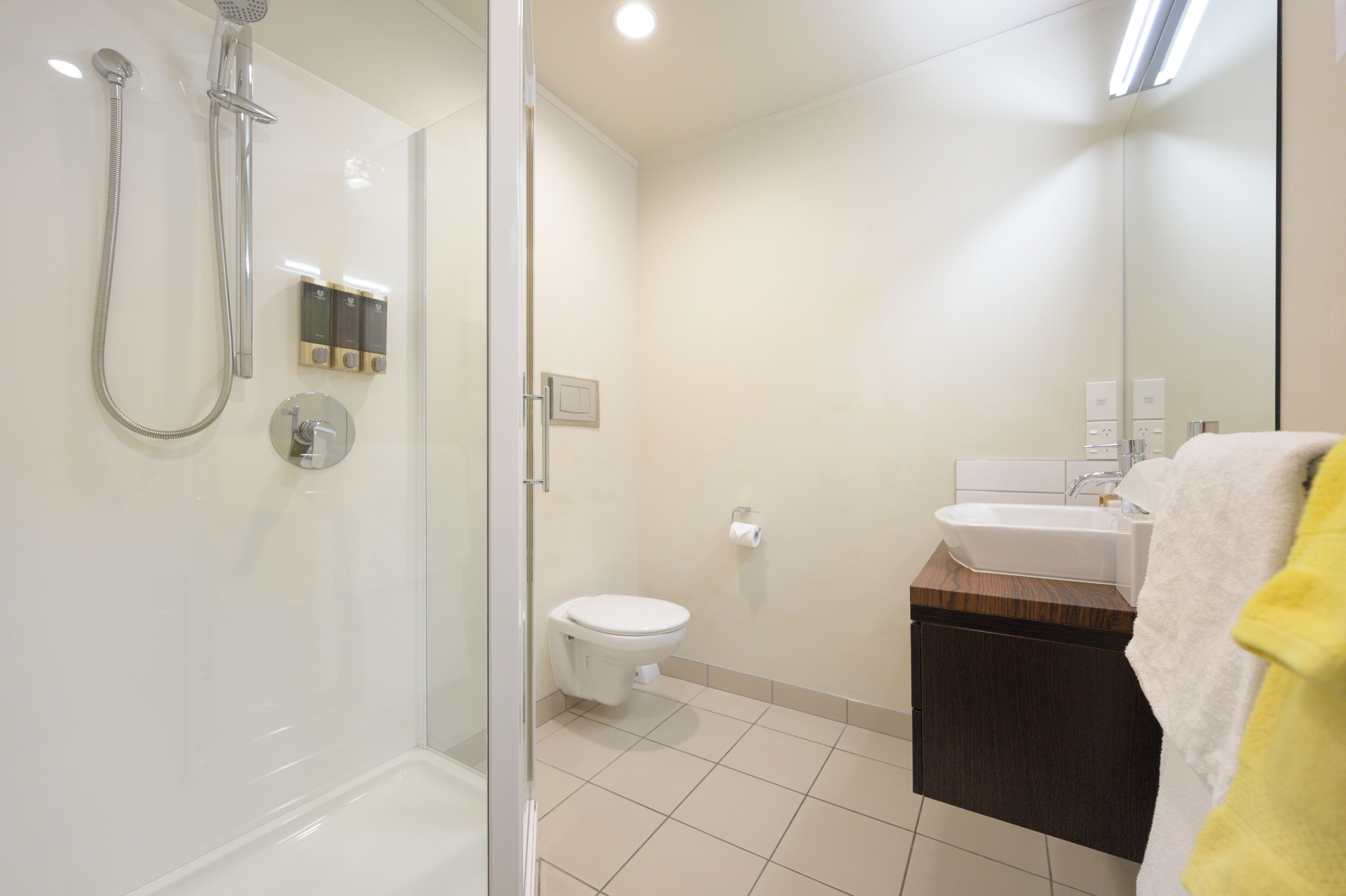 A modern bathroom with a glass-enclosed shower, a toilet, and a sink with a mirror above it.