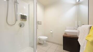 A modern bathroom with a glass-enclosed shower, a toilet, and a sink with a mirror above it.