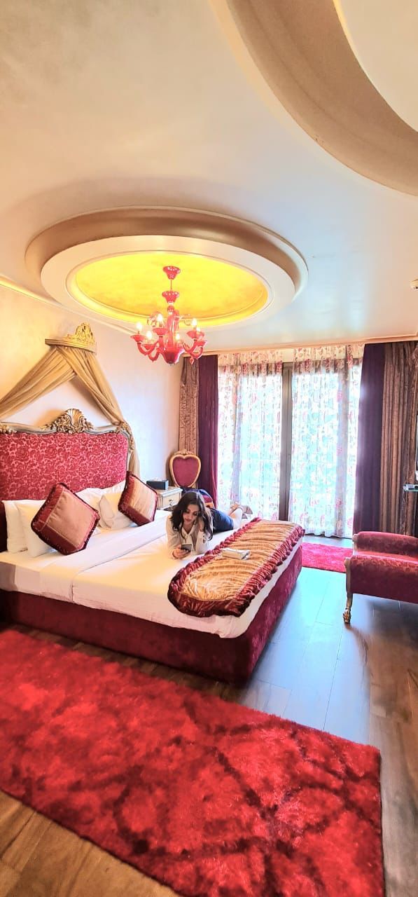 A bedroom with a large bed, a red carpet, and a canopy bed with a golden frame.