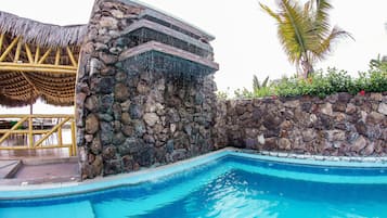 Outdoor pool, pool umbrellas, pool loungers