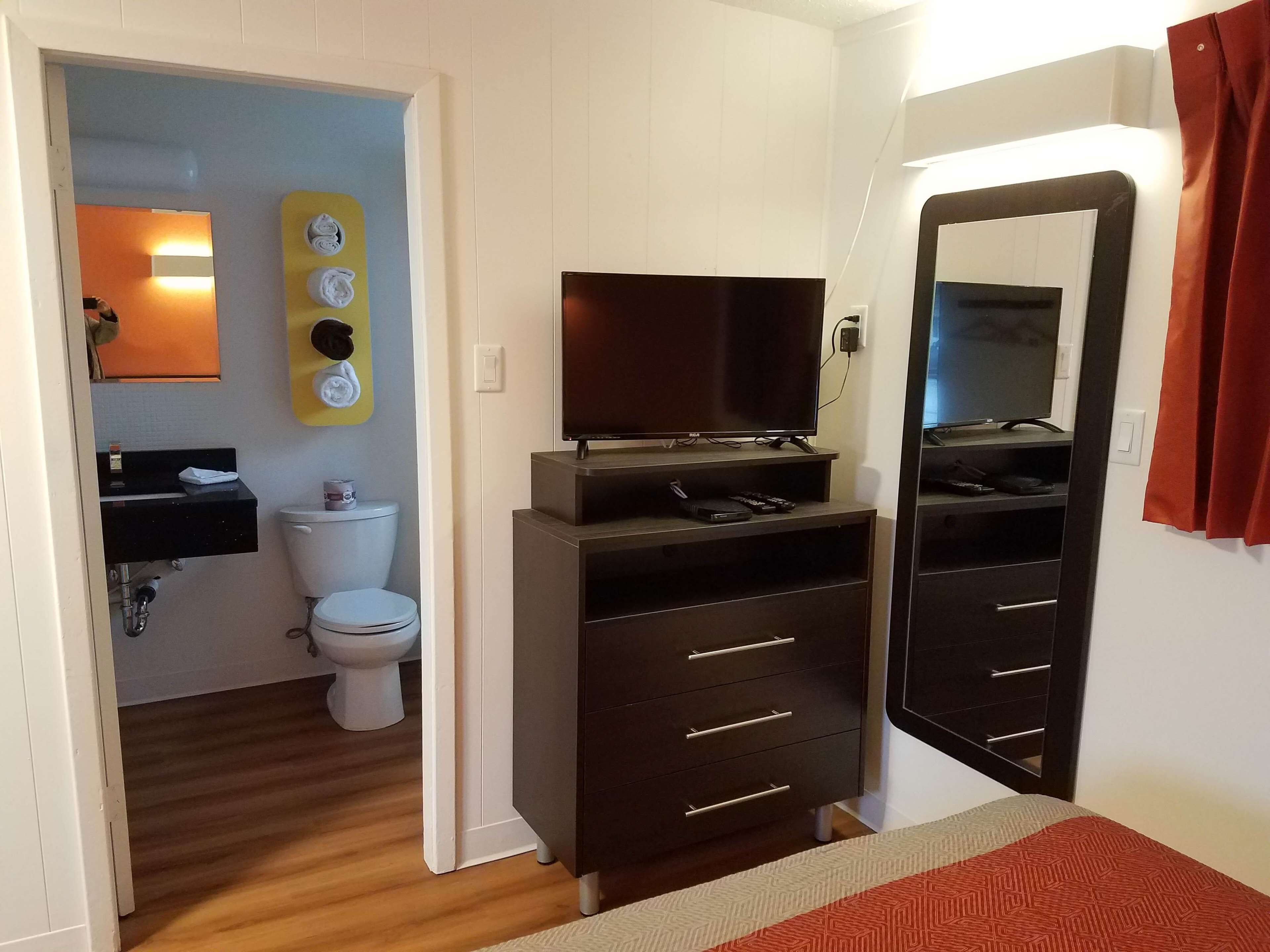 A bedroom with a bed, a dresser, a television, and a mirror.
