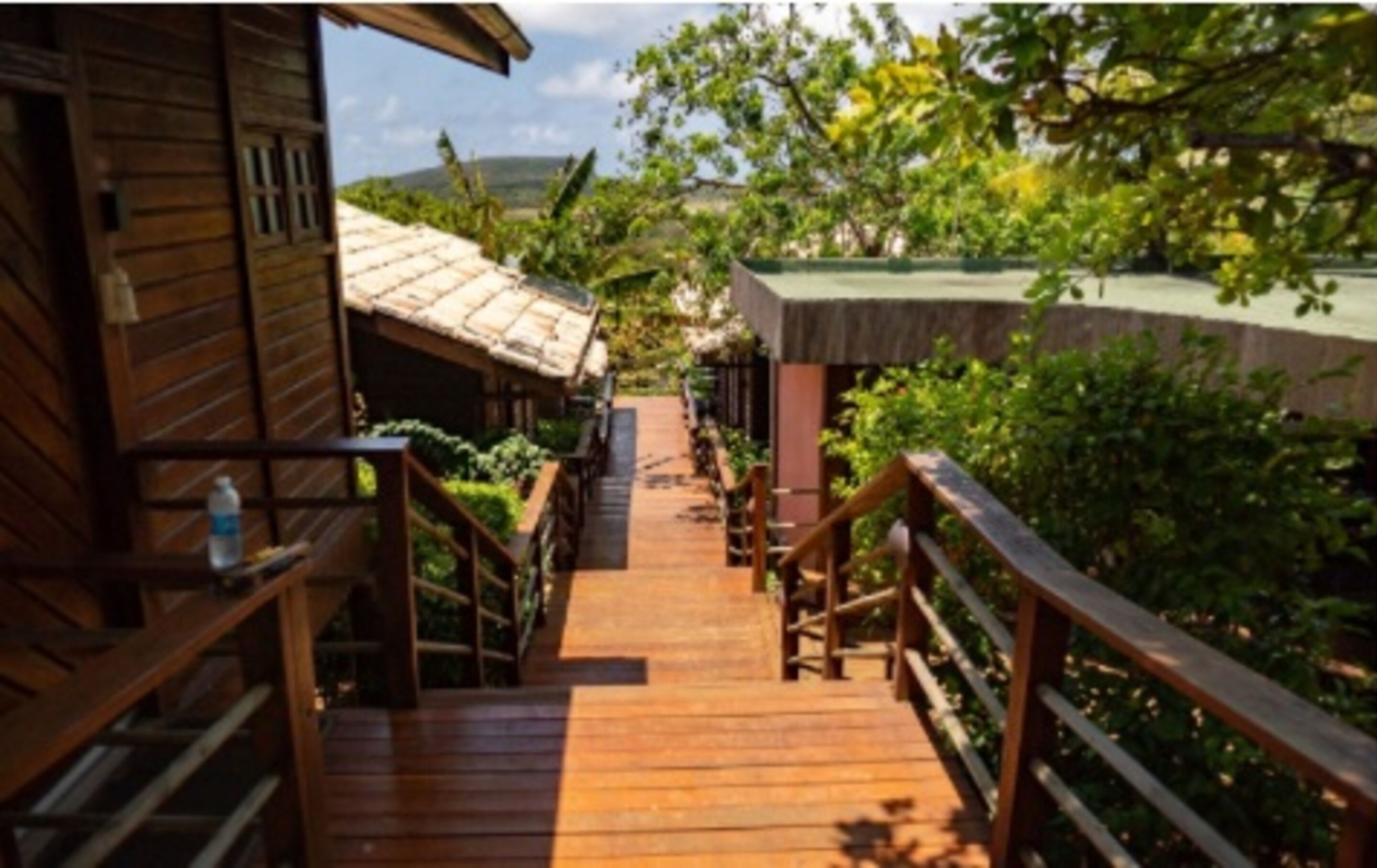 Une terrasse en bois mène à un bâtiment dont le toit est recouvert de chaume, le tout étant entouré de verdure et avec des collines en arrière-plan.